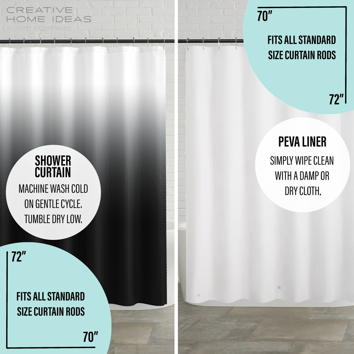 Ensemble de bain/douche 14 pièces : rideau de douche ombré, crochets et doublure PEVA