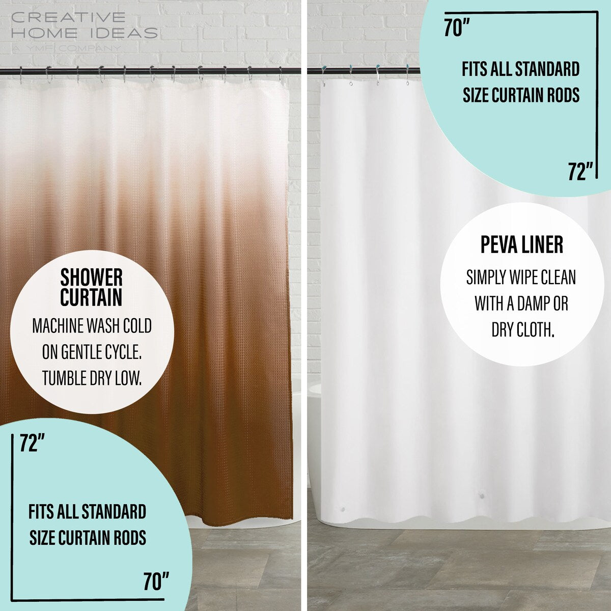 Ensemble de bain/douche 14 pièces : rideau de douche ombré, crochets et doublure PEVA