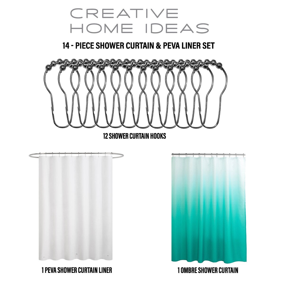 Ensemble de bain/douche 14 pièces : rideau de douche ombré, crochets et doublure PEVA