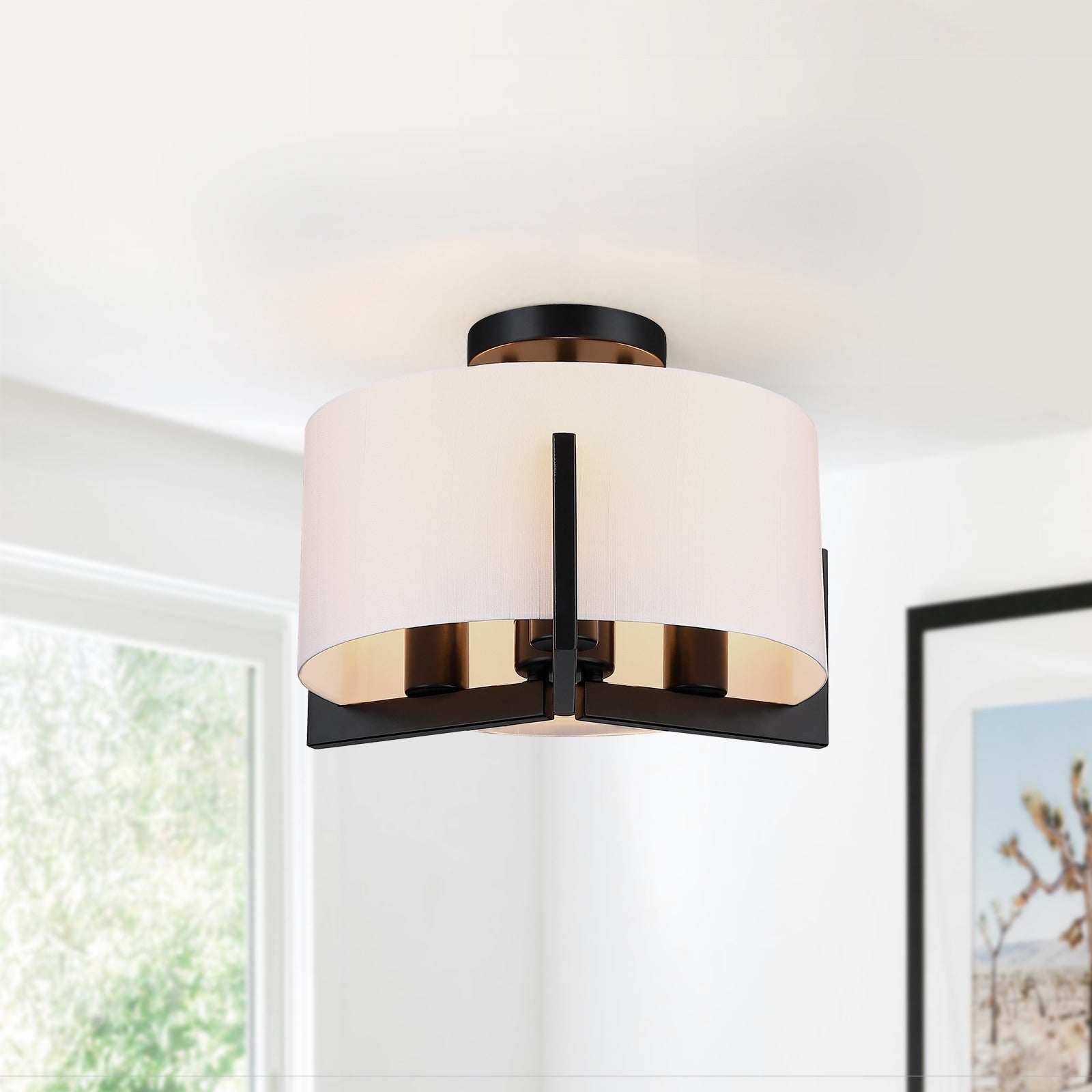 Plafonnier semi-encastré noir mat à 3 lumières de 14 po avec abat-jour tambour - 14 W