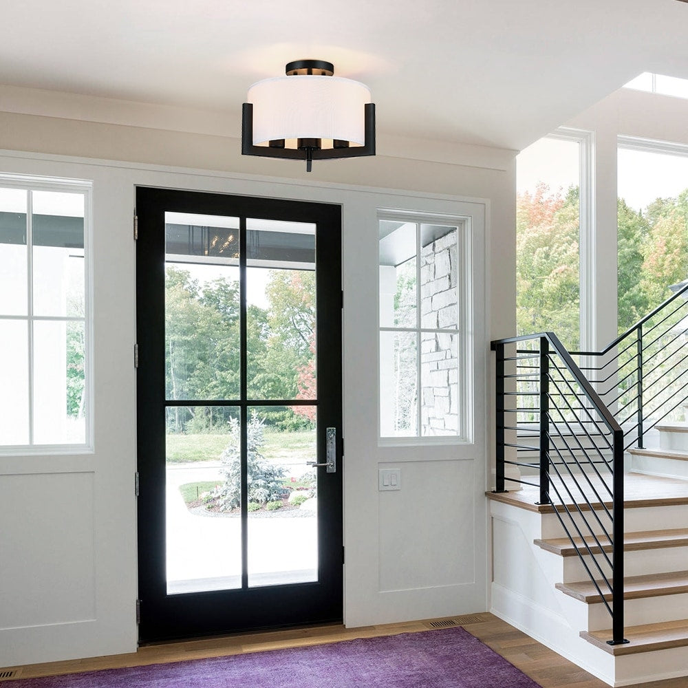 Plafonnier semi-encastré noir mat à 3 lumières de 14 po avec abat-jour tambour - 14 W