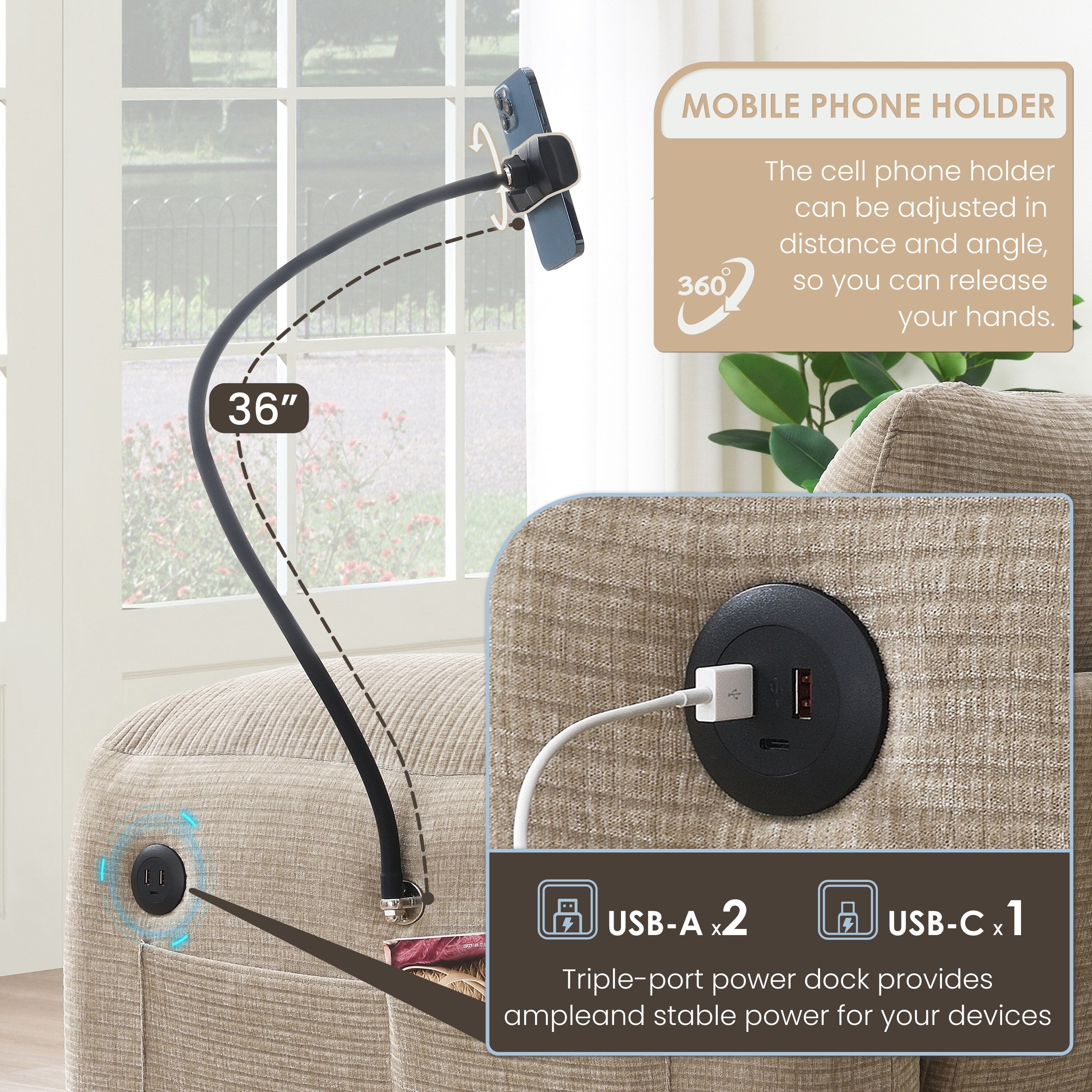 Canapé sectionnel en chenille de 140 pouces avec ports de chargement USB et Type-C, supports de téléphone, poches de rangement latérales et poufs mobiles