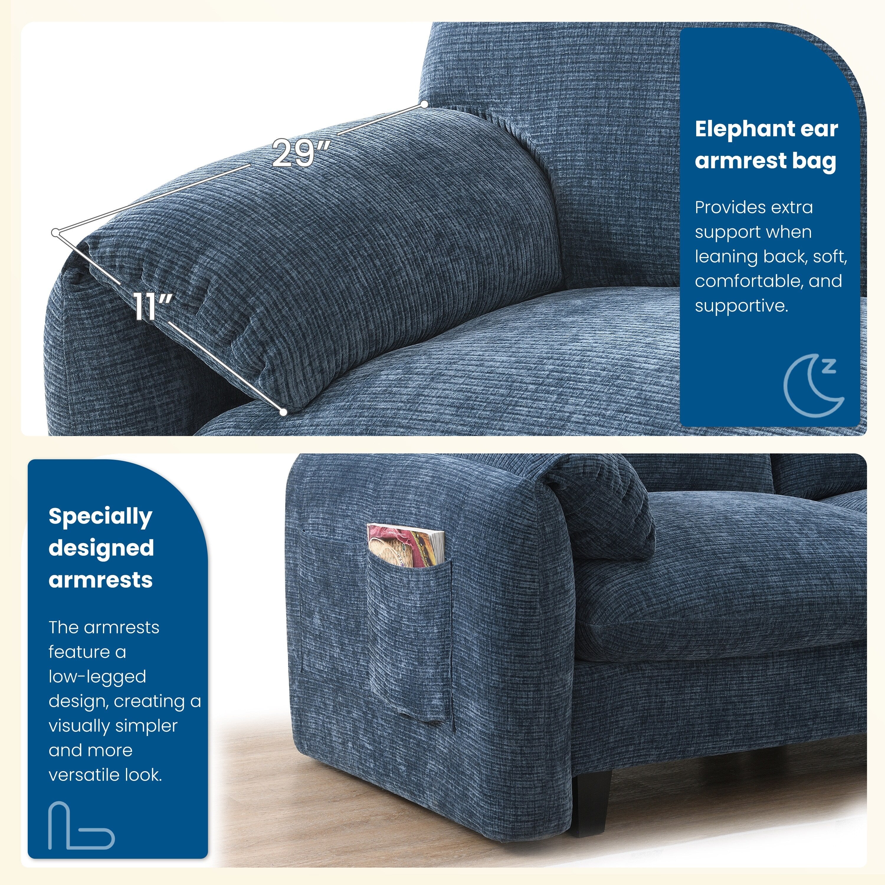 Canapé sectionnel en chenille de 140 pouces avec ports de chargement USB et Type-C, supports de téléphone, poches de rangement latérales et poufs mobiles