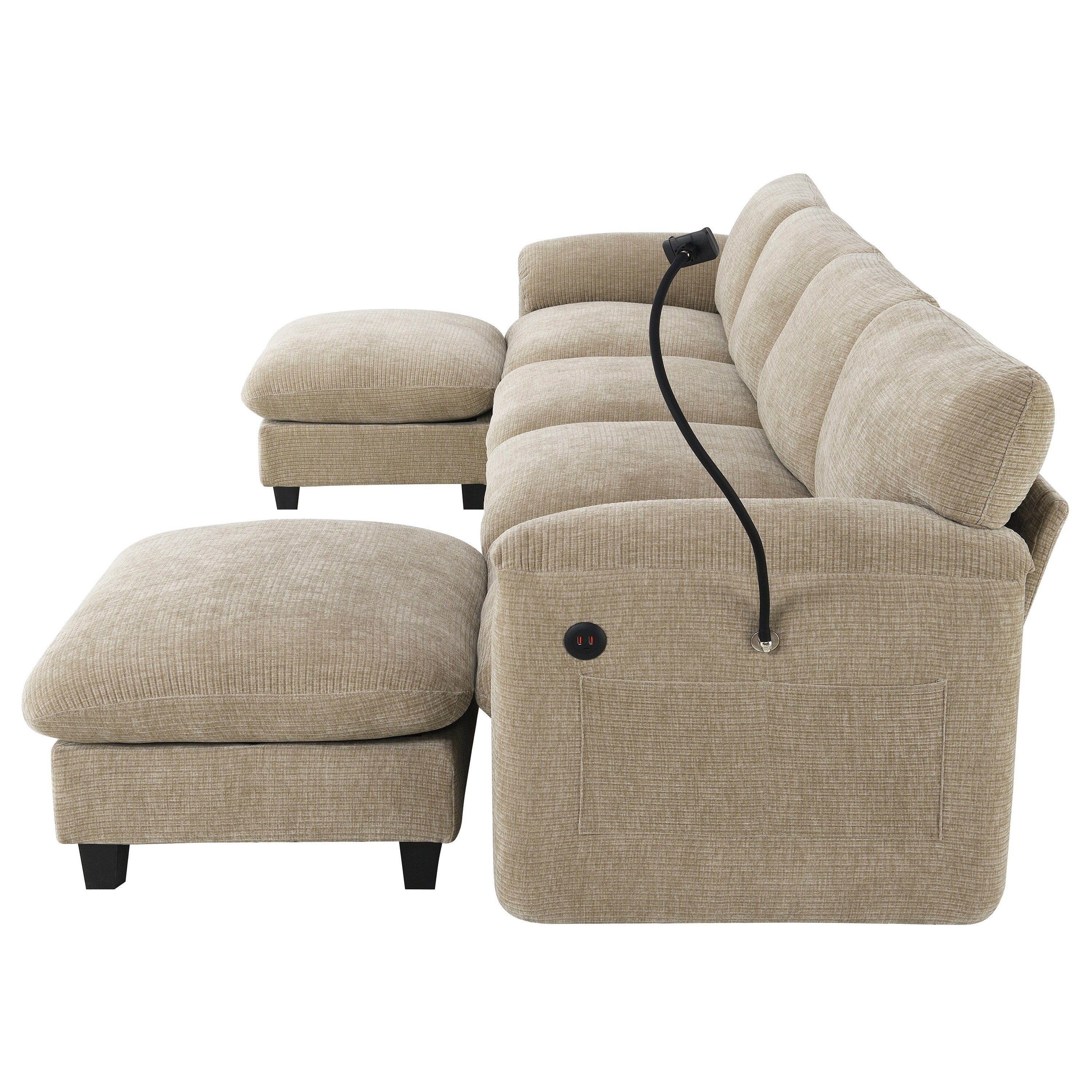 Canapé sectionnel en chenille de 140 pouces avec ports de chargement USB et Type-C, supports de téléphone, poches de rangement latérales et poufs mobiles