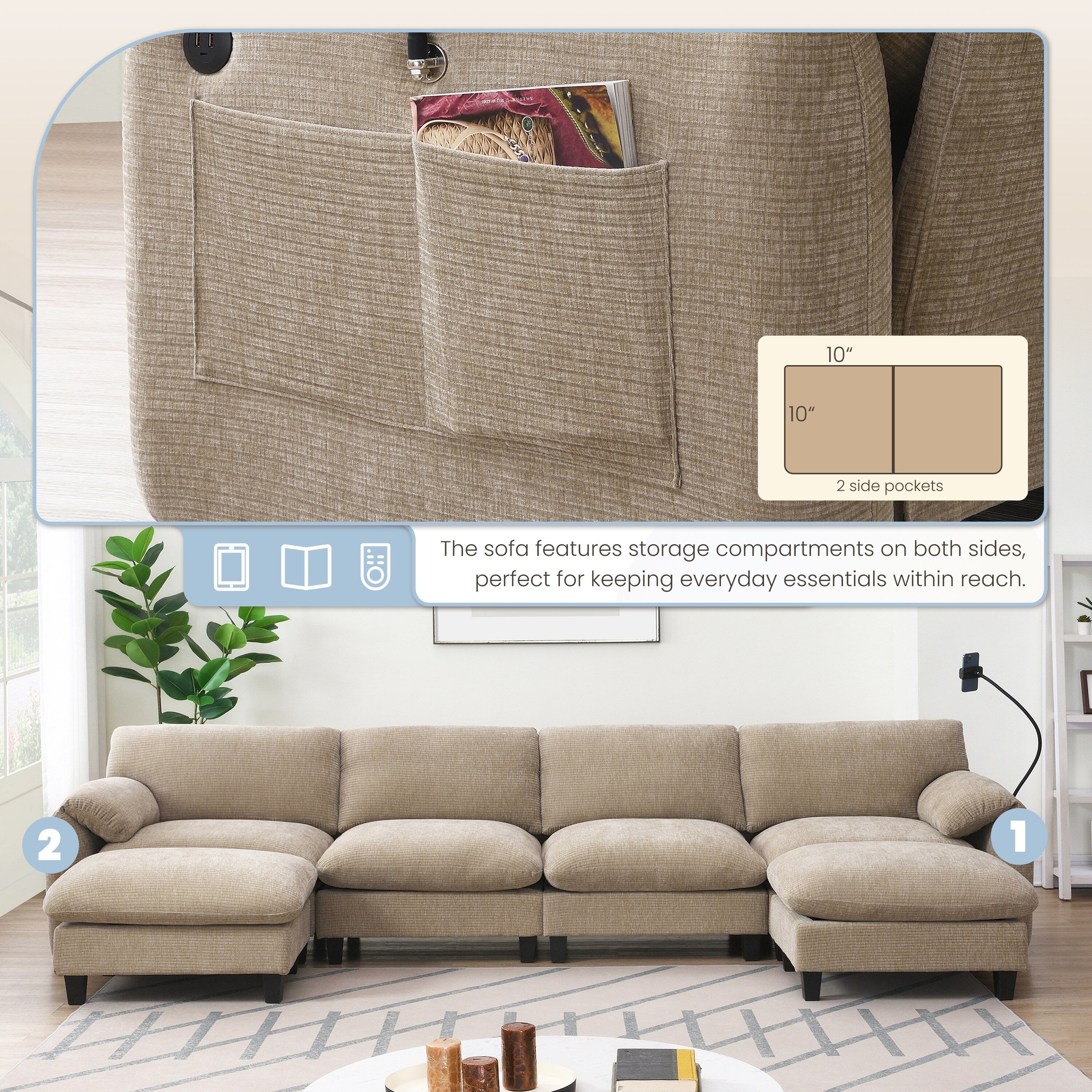 Canapé sectionnel en chenille de 140 pouces avec ports de chargement USB et Type-C, supports de téléphone, poches de rangement latérales et poufs mobiles