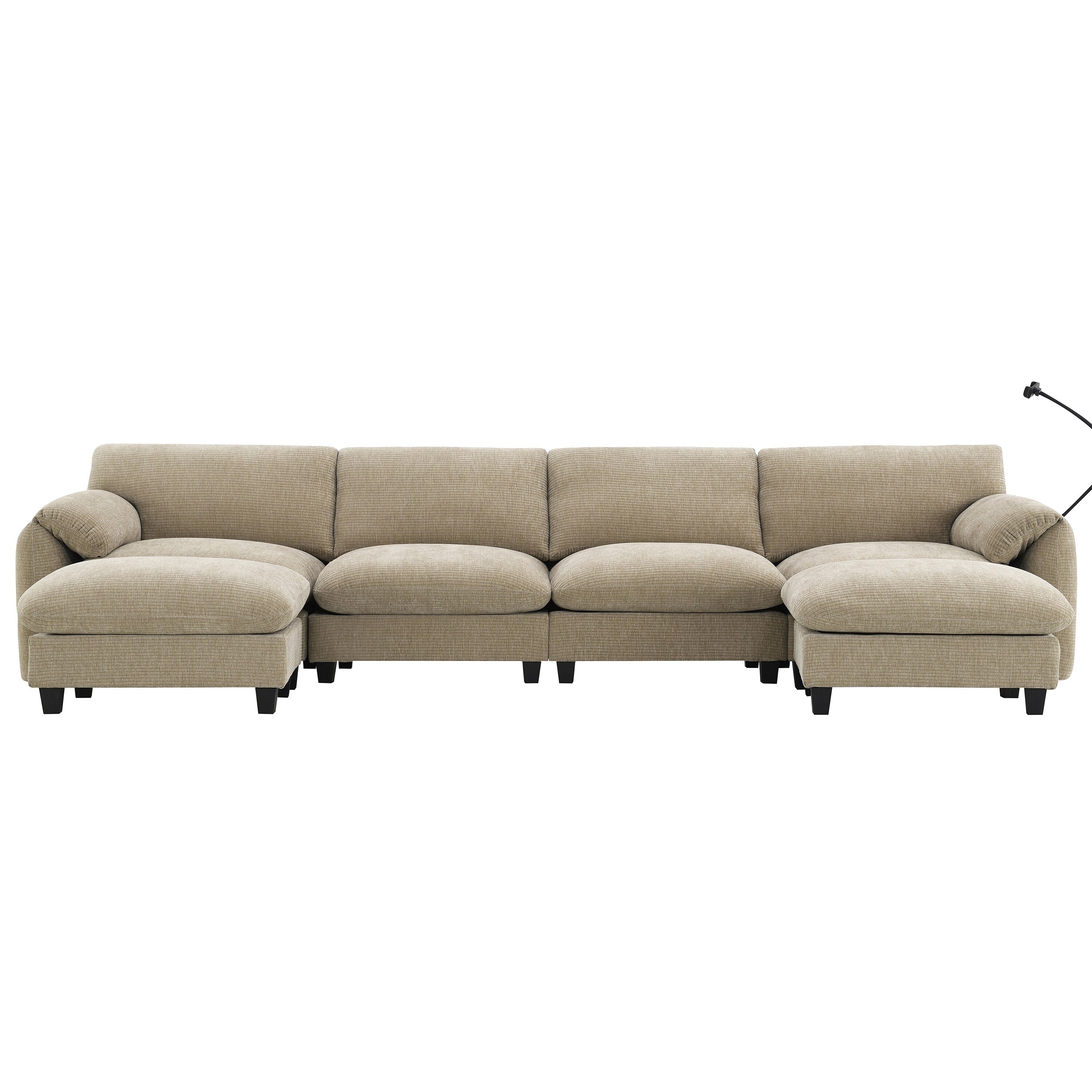 Canapé sectionnel en chenille de 140 pouces avec ports de chargement USB et Type-C, supports de téléphone, poches de rangement latérales et poufs mobiles