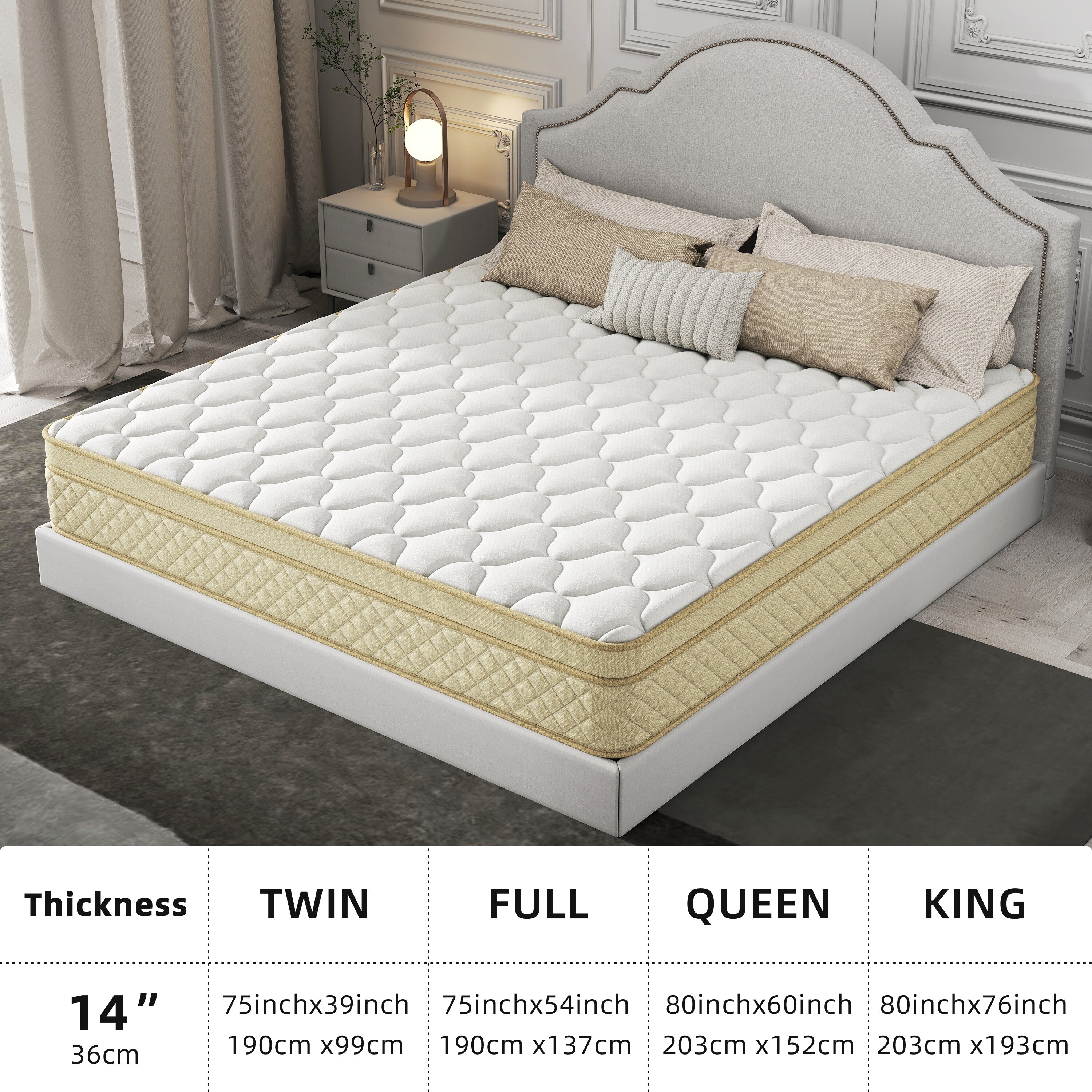 Matelas hybride en mousse à mémoire de forme de taille moyenne, 14 Euro Top, dans une boîte