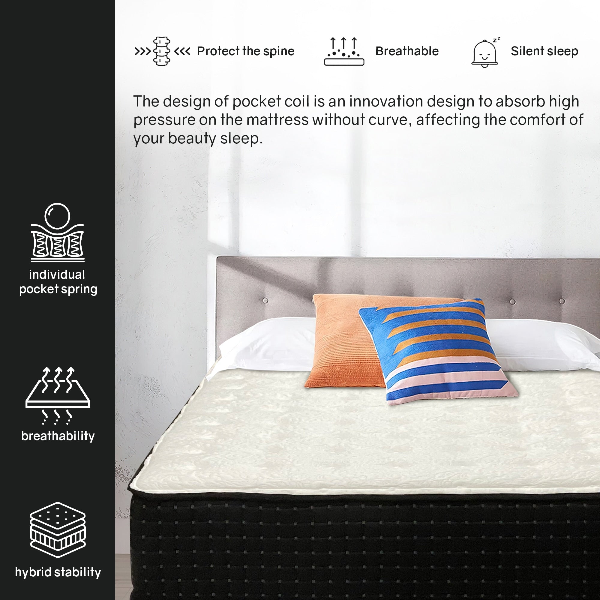 Matelas hybride de luxe 14 pouces avec revêtement en mousse, support de bord robuste, mousse haute densité, dessus matelassé moelleux, noir