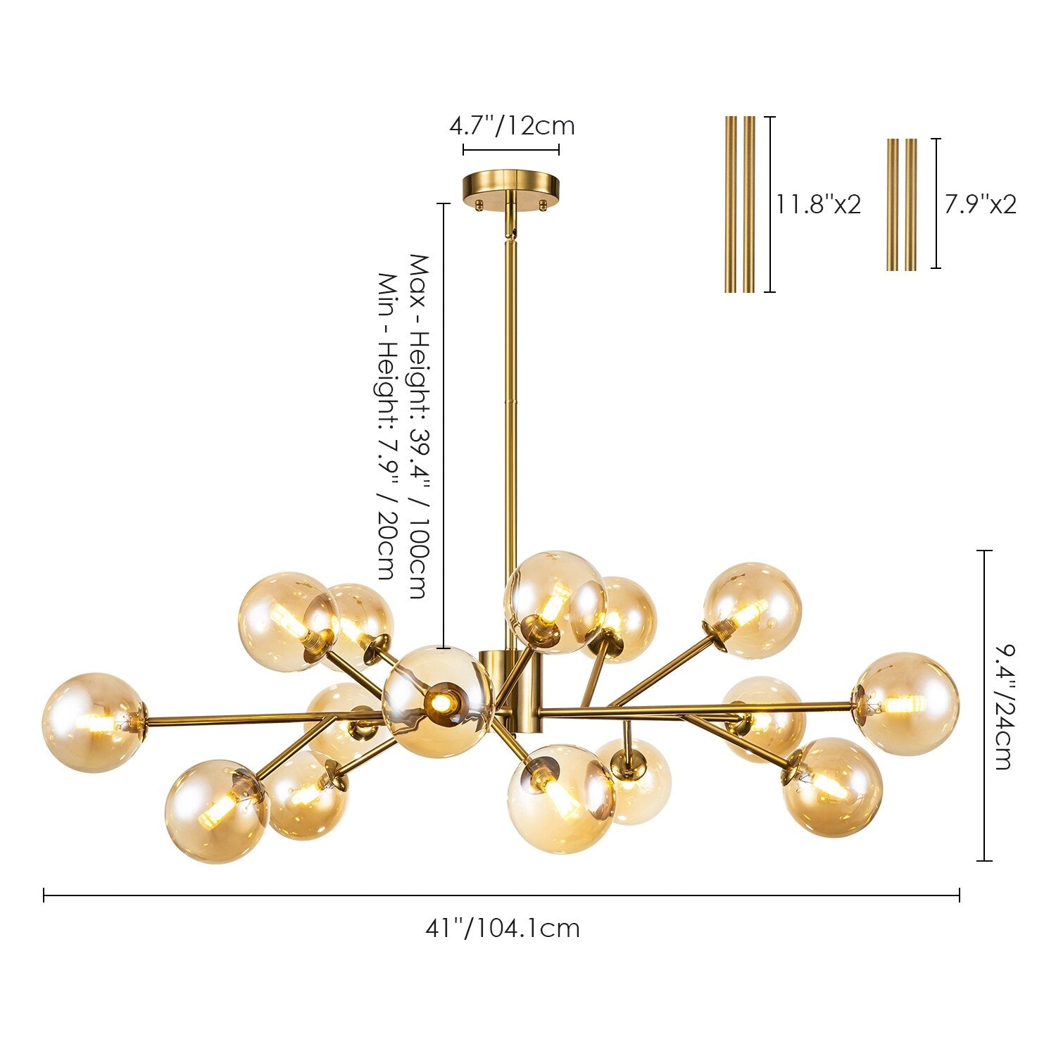 Lustre linéaire moderne à 15 lumières pour îlot de cuisine Sputnik avec branches et globes en verre