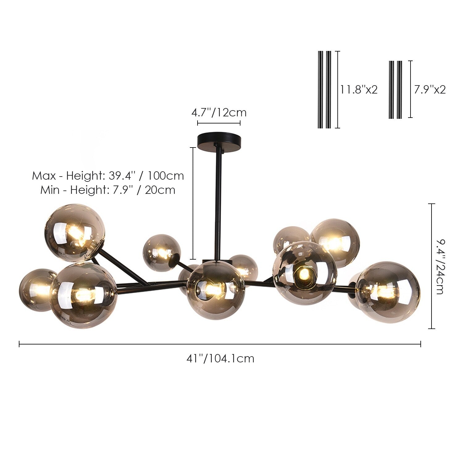 Lustre linéaire moderne à 15 lumières pour îlot de cuisine Sputnik avec branches et globes en verre