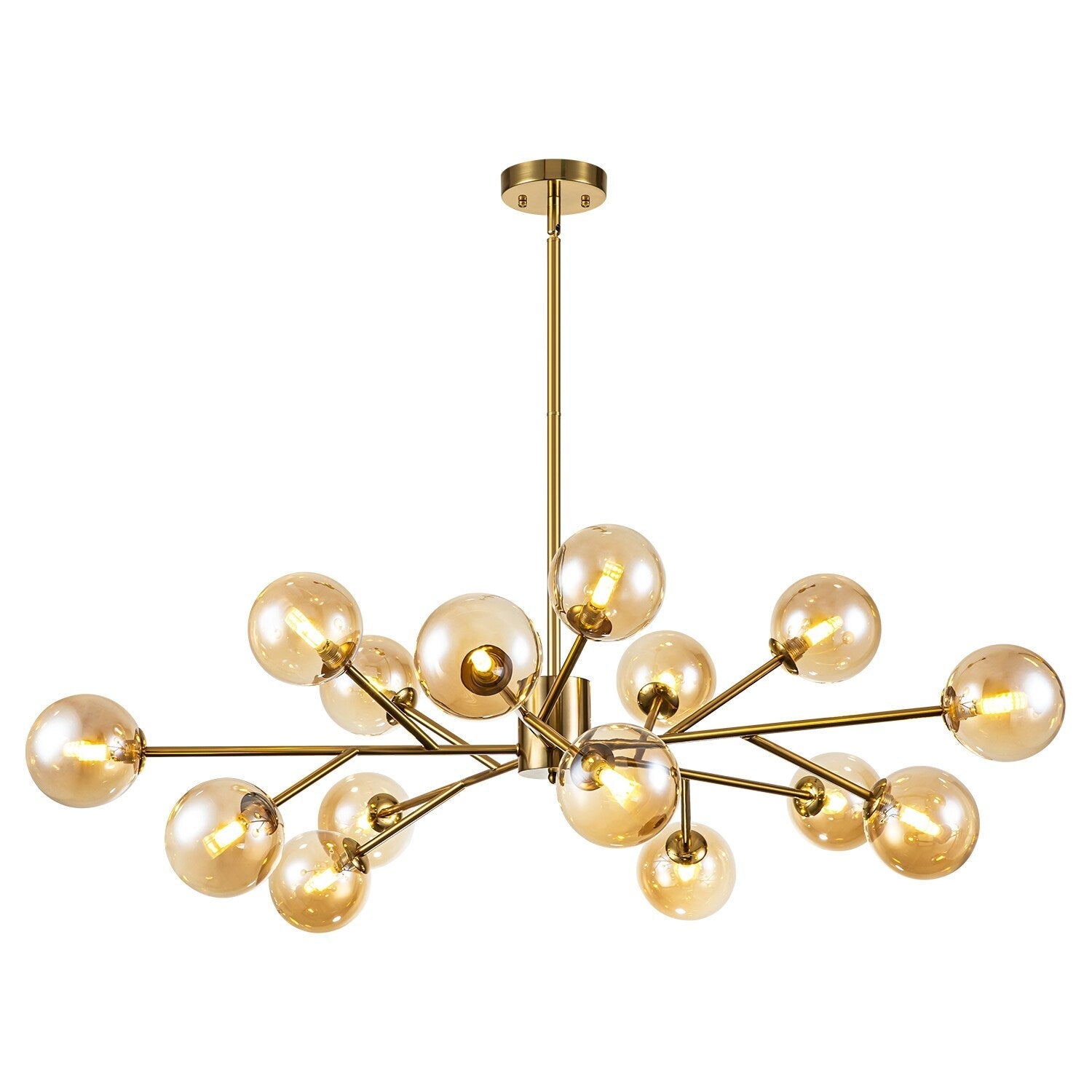 Lustre linéaire moderne à 15 lumières pour îlot de cuisine Sputnik avec branches et globes en verre