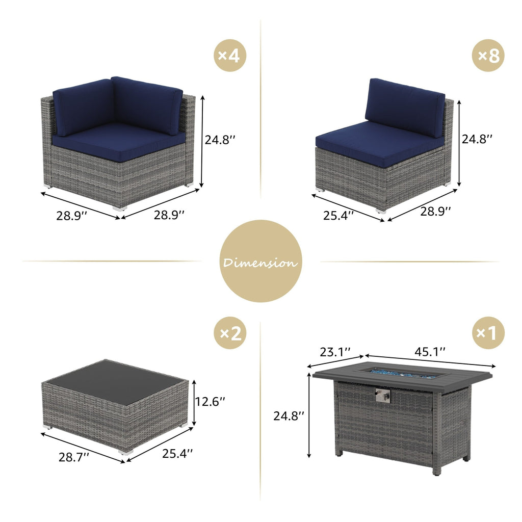Ensemble de 15 meubles de patio en osier avec canapé, foyer et table