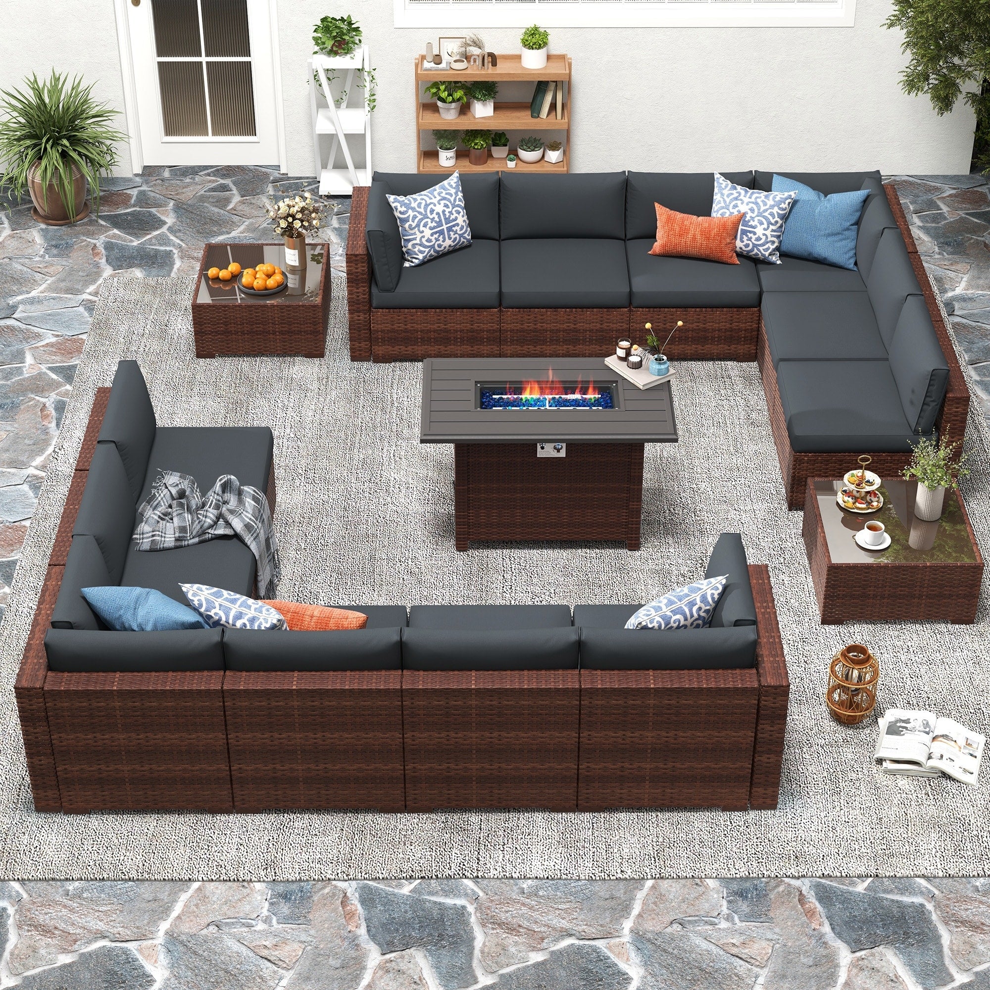 Ensemble de 15 meubles de patio en osier avec canapé, foyer et table