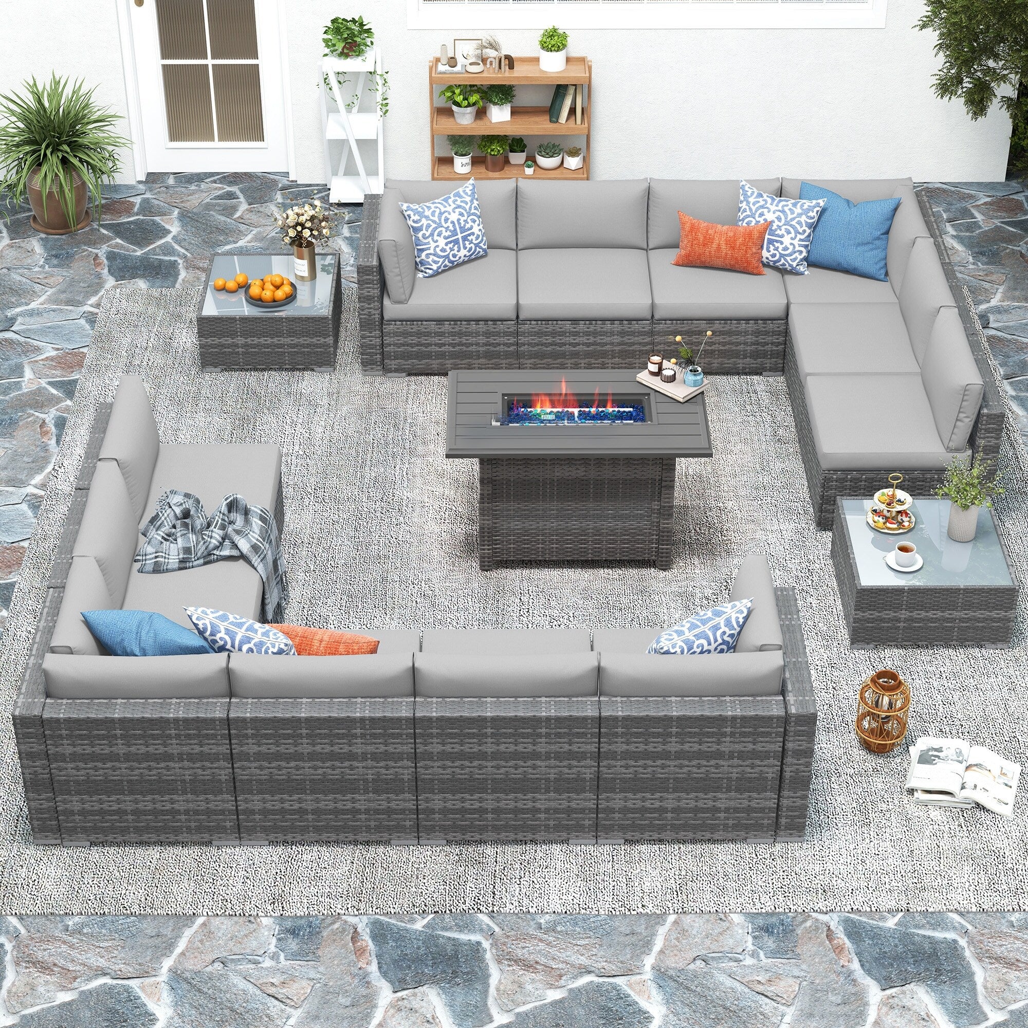 Ensemble de 15 meubles de patio en osier avec canapé, foyer et table