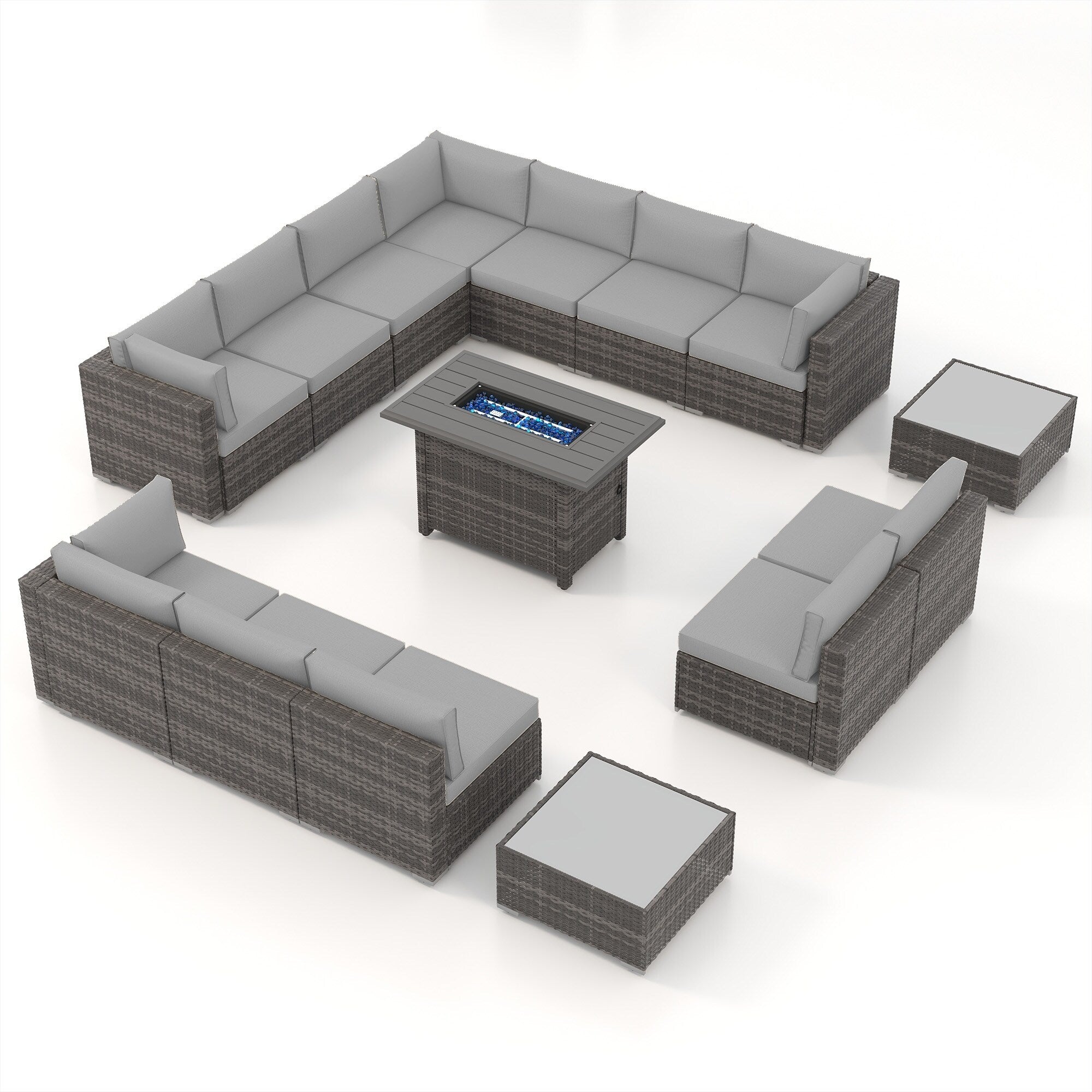 Ensemble de 15 meubles de patio en osier avec canapé, foyer et table