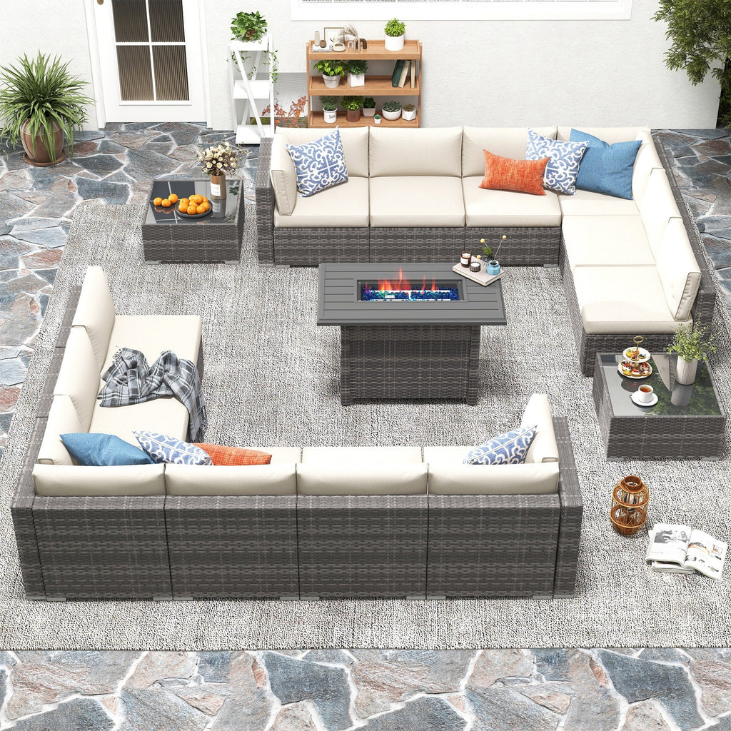 Ensemble de 15 meubles de patio en osier avec canapé, foyer et table