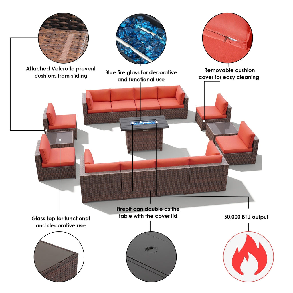 Ensemble de 15 meubles de patio en osier avec canapé, foyer et table