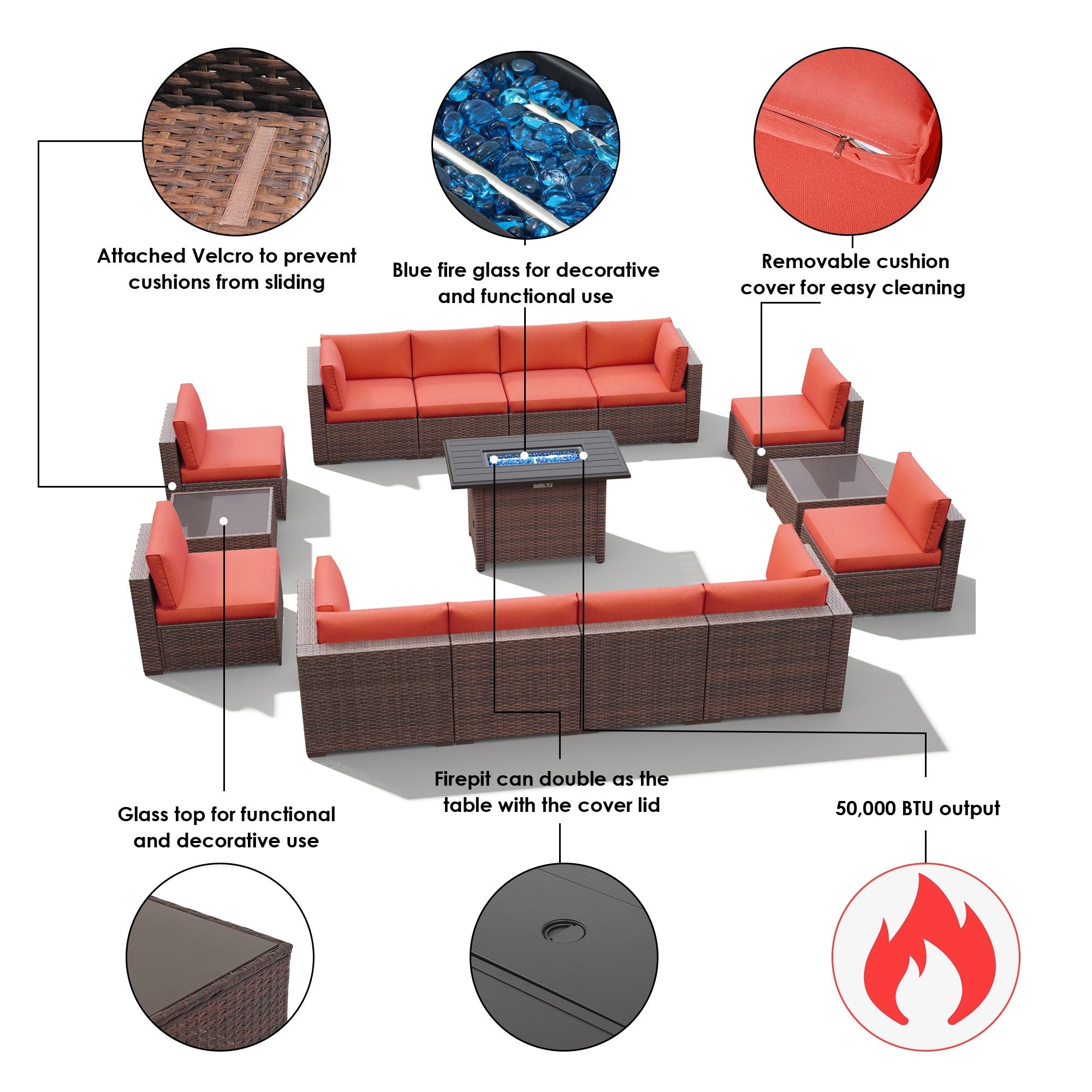 Ensemble de 15 meubles de patio en osier avec canapé, foyer et table