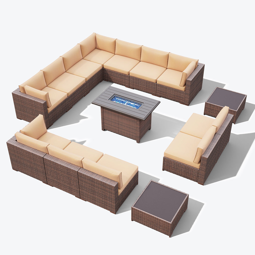 Ensemble de 15 meubles de patio en osier avec canapé, foyer et table