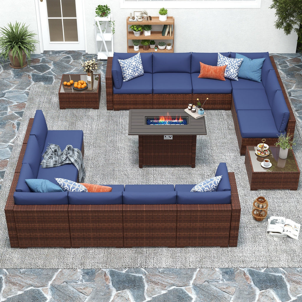 Ensemble de 15 meubles de patio en osier avec canapé, foyer et table