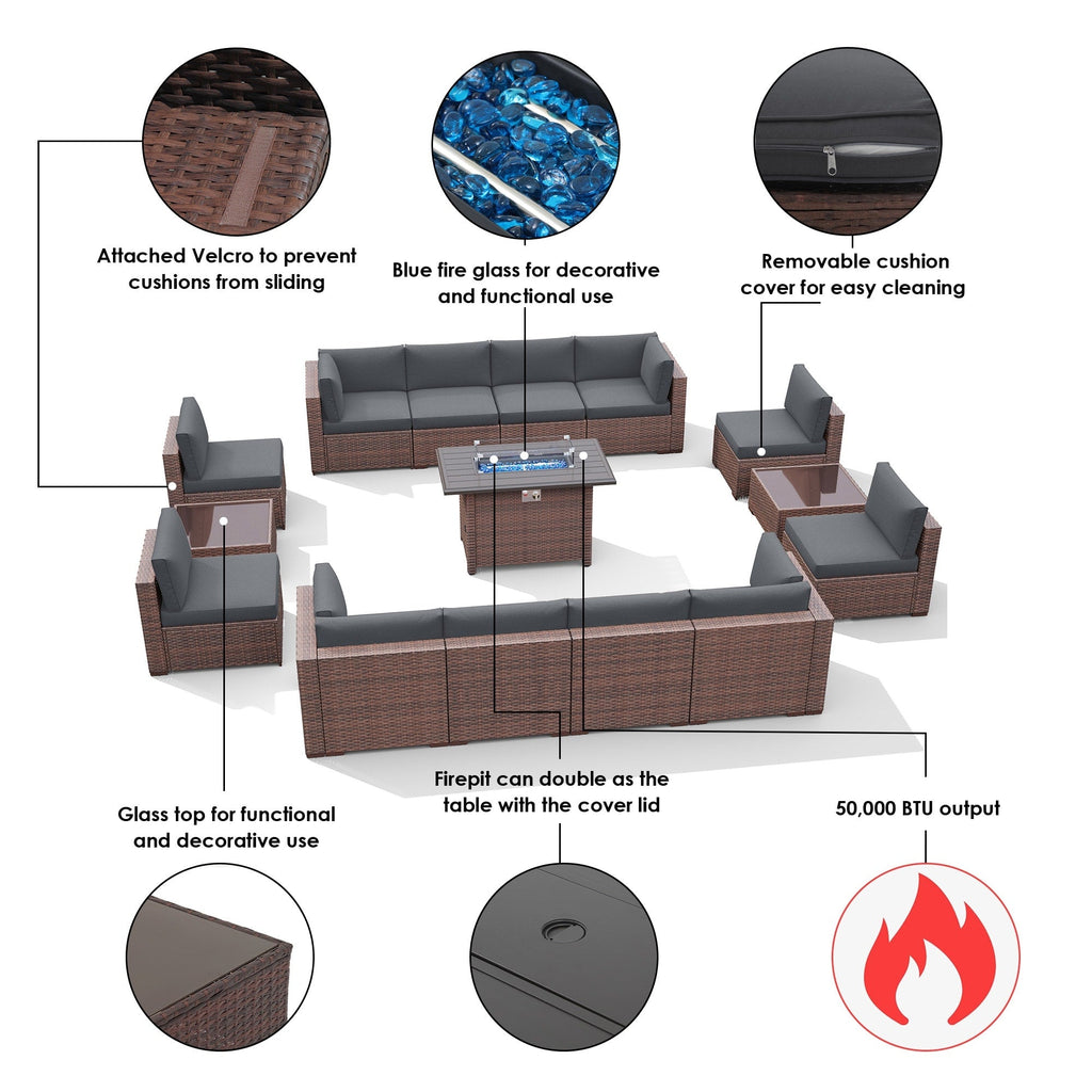Ensemble de 15 meubles de patio en osier avec canapé, foyer et table