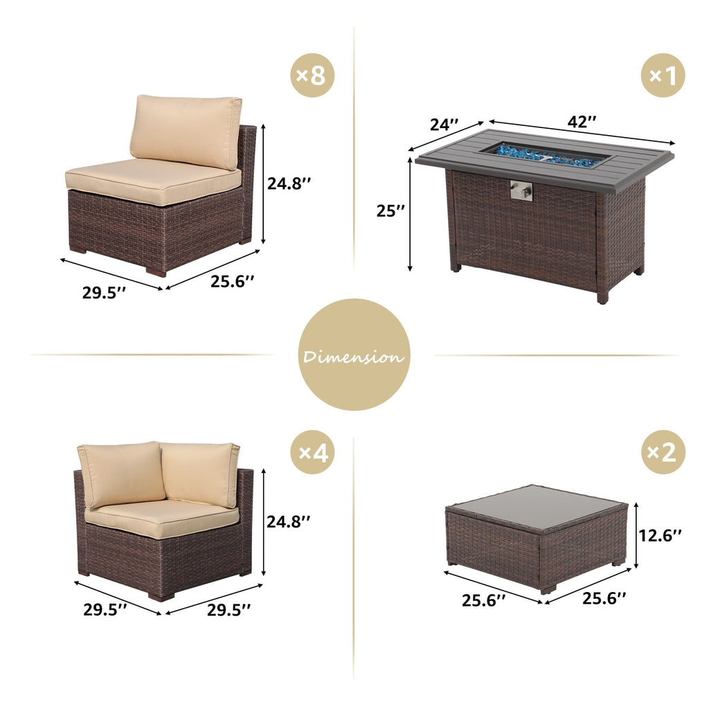 Ensemble de 15 meubles de patio en osier avec canapé, foyer et table