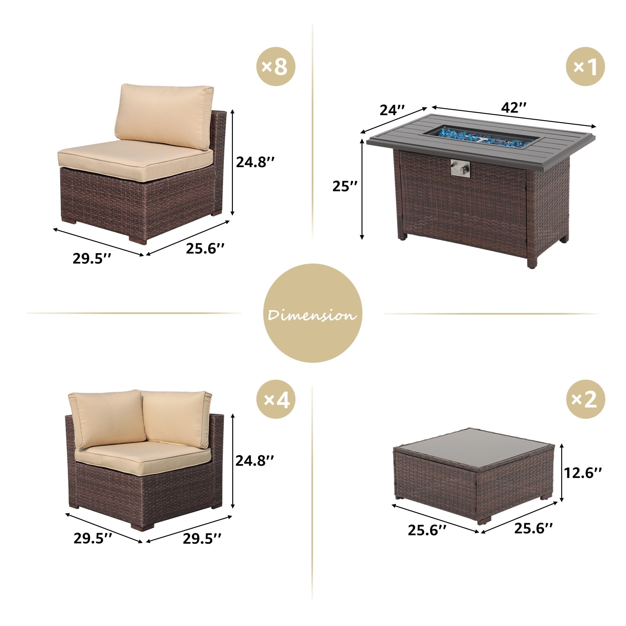 Ensemble de 15 meubles de patio en osier avec canapé, foyer et table