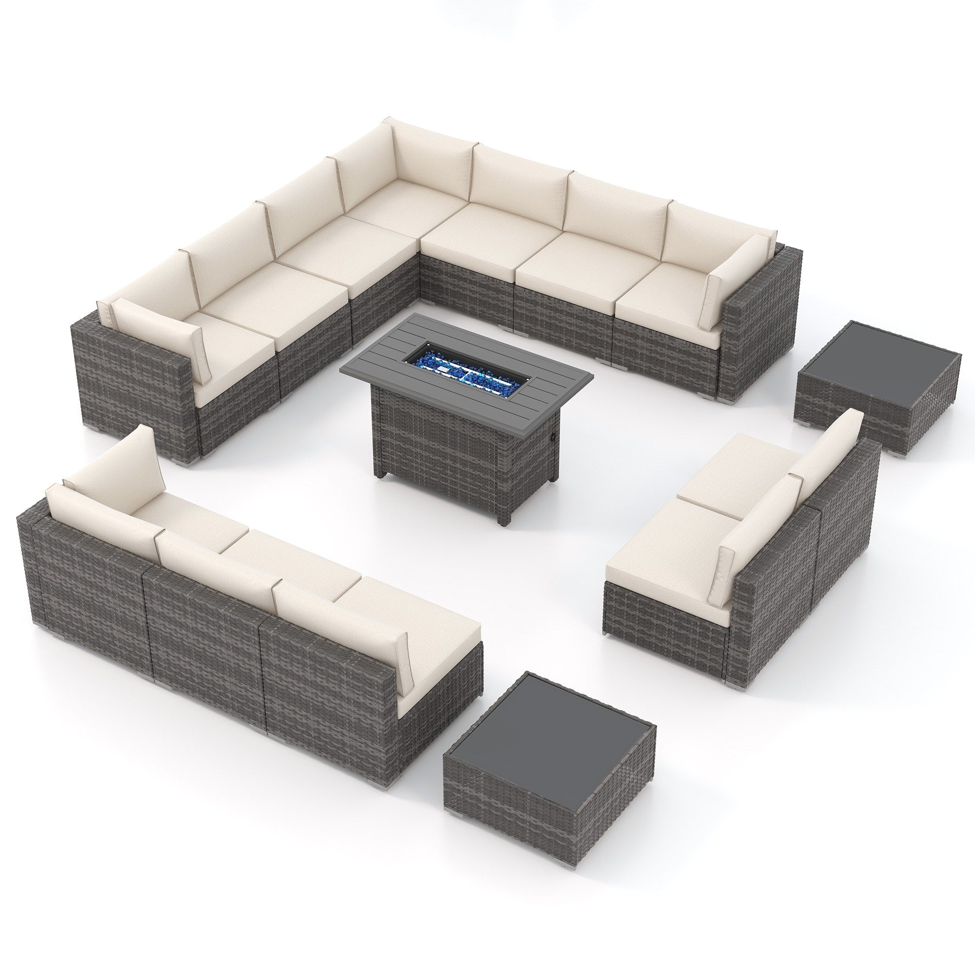 Ensemble de 15 meubles de patio en osier avec canapé, foyer et table