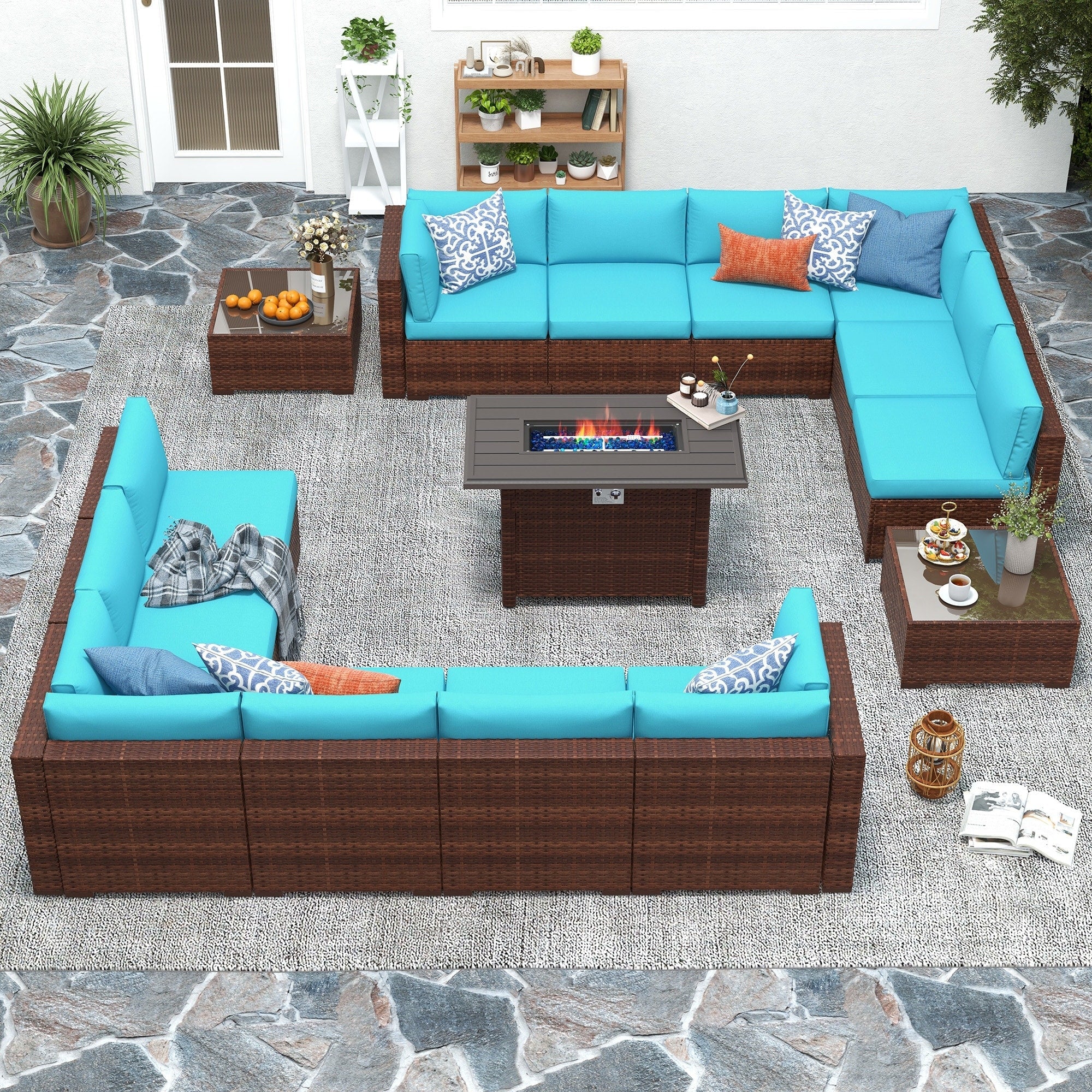 Ensemble de 15 meubles de patio en osier avec canapé, foyer et table