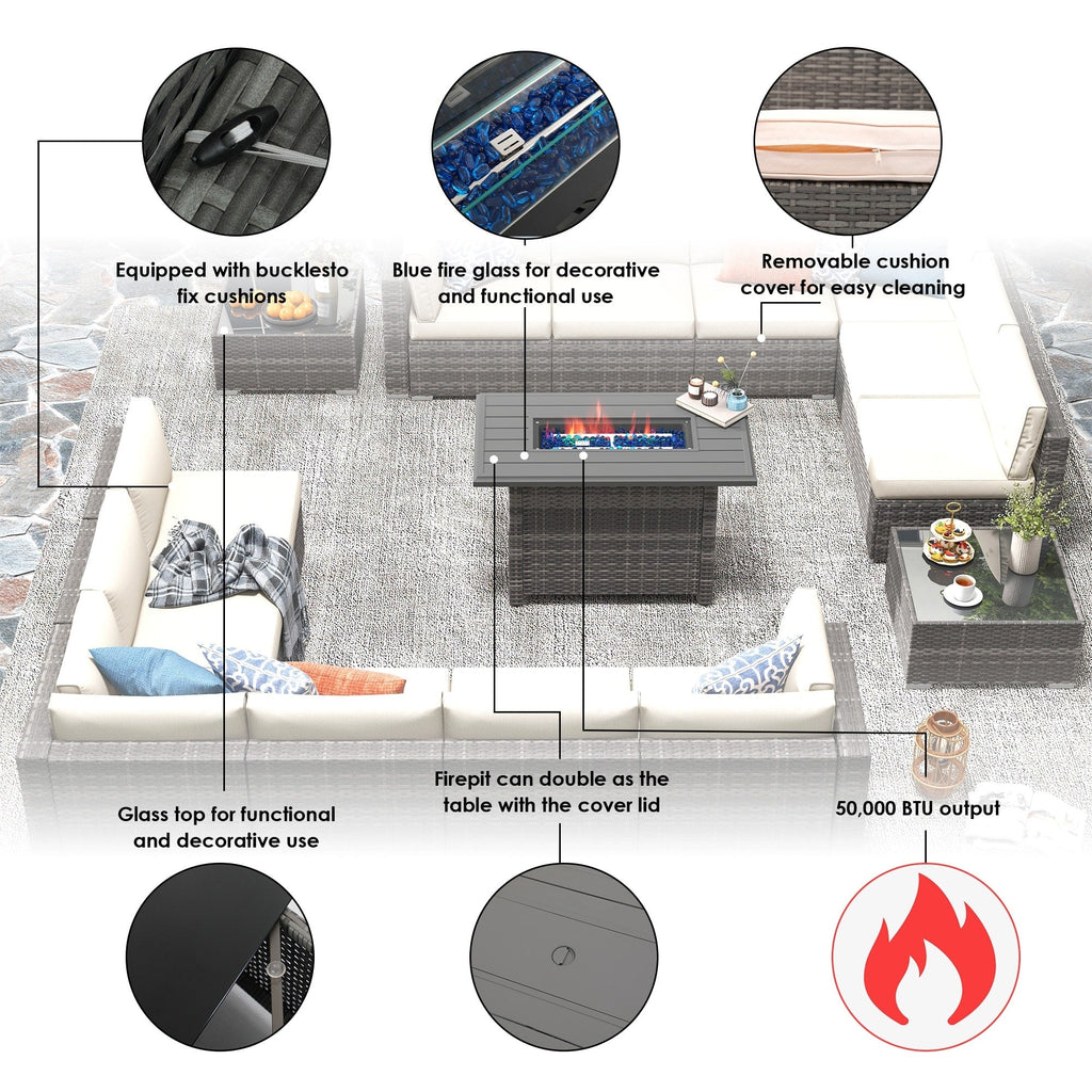 Ensemble de 15 meubles de patio en osier avec canapé, foyer et table
