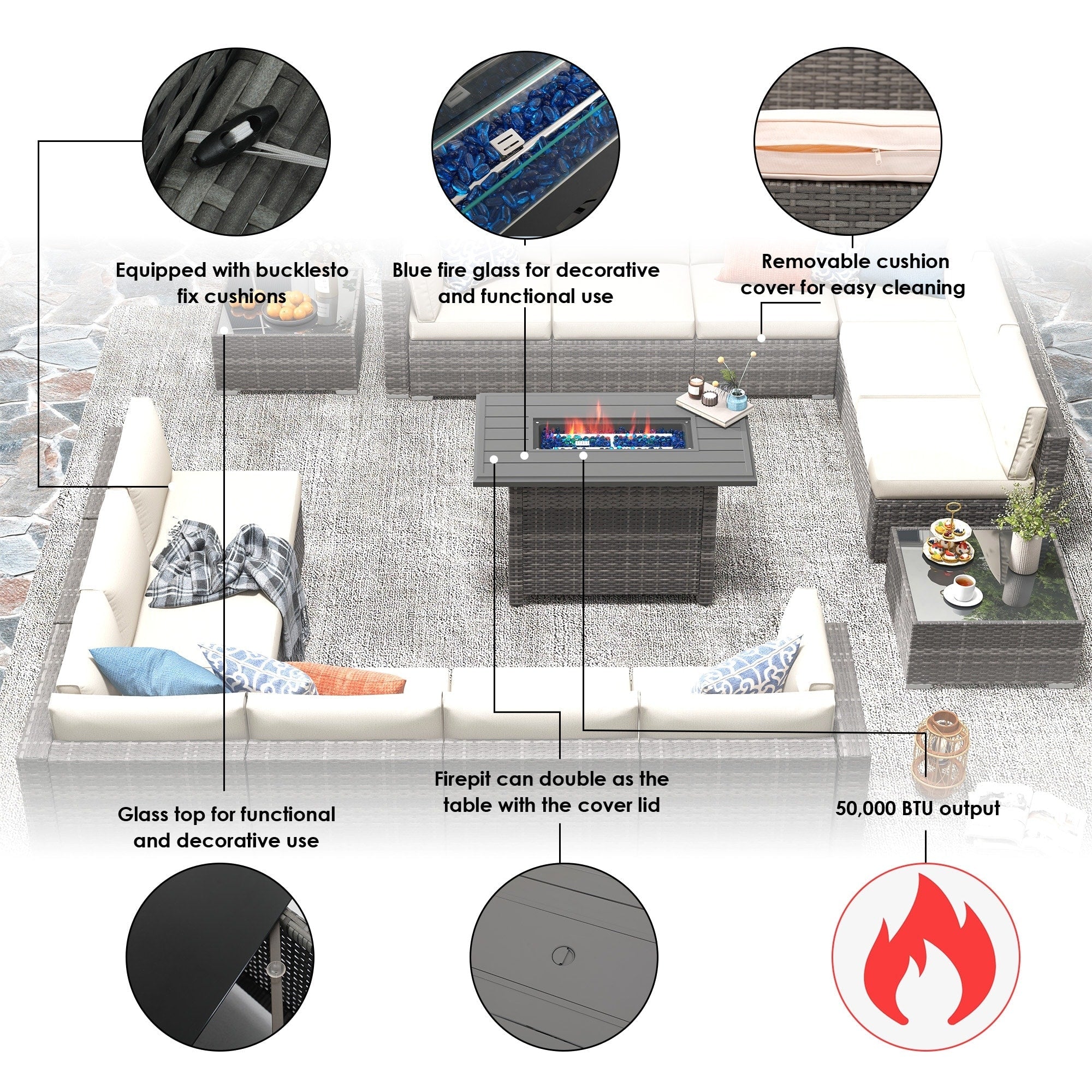 Ensemble de 15 meubles de patio en osier avec canapé, foyer et table