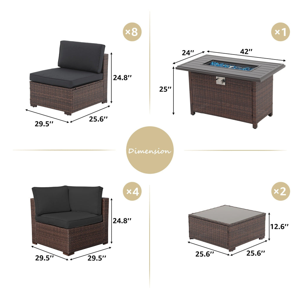 Ensemble de 15 meubles de patio en osier avec canapé, foyer et table