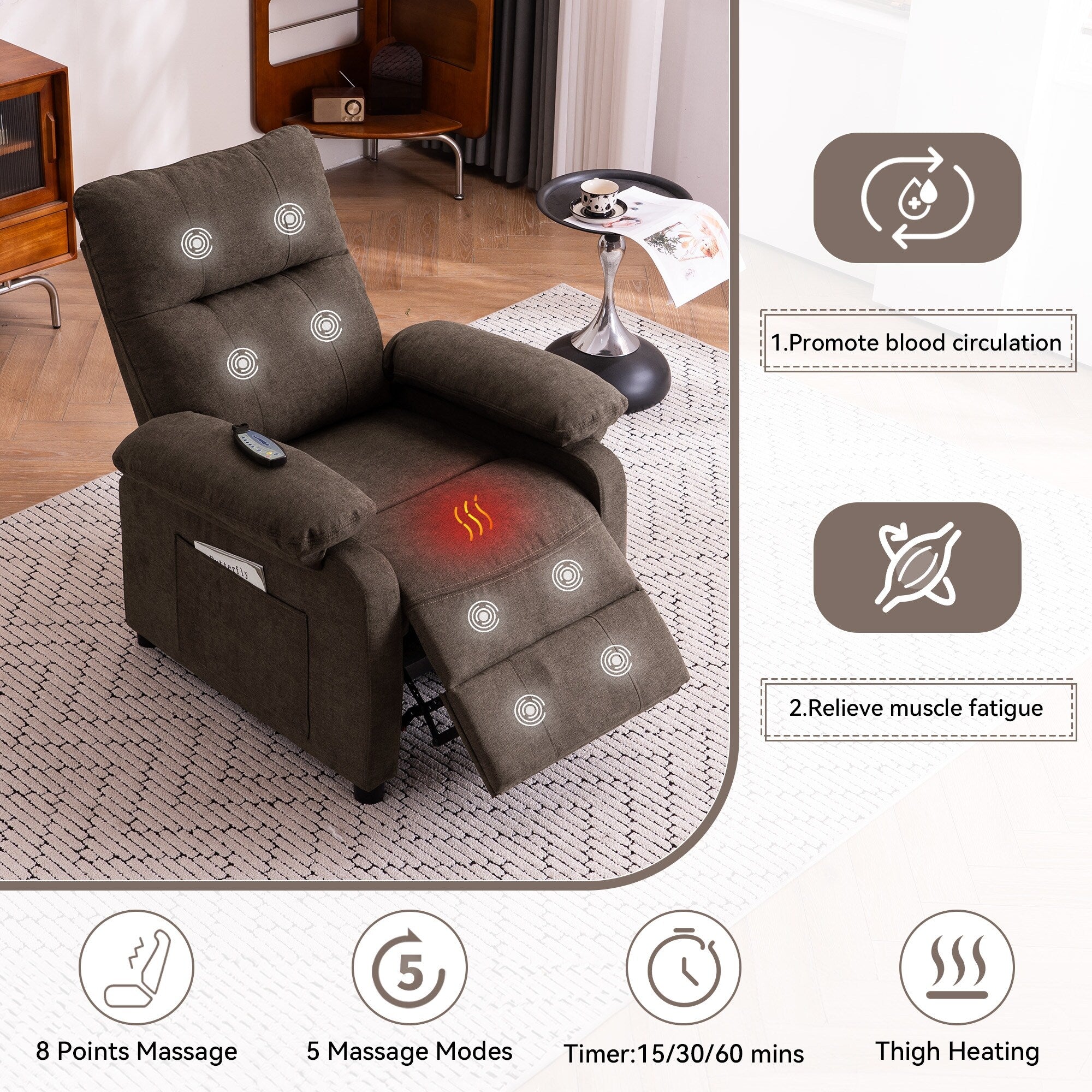 Fauteuil inclinable électrique à 160° pour personnes âgées, avec massage et chauffage à 8 points, tissu chenille doux