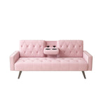 Canapé-lit 1730 avec accoudoirs et garniture cloutée, deux porte-gobelets, canapé en velours rose 72 pour petits espaces