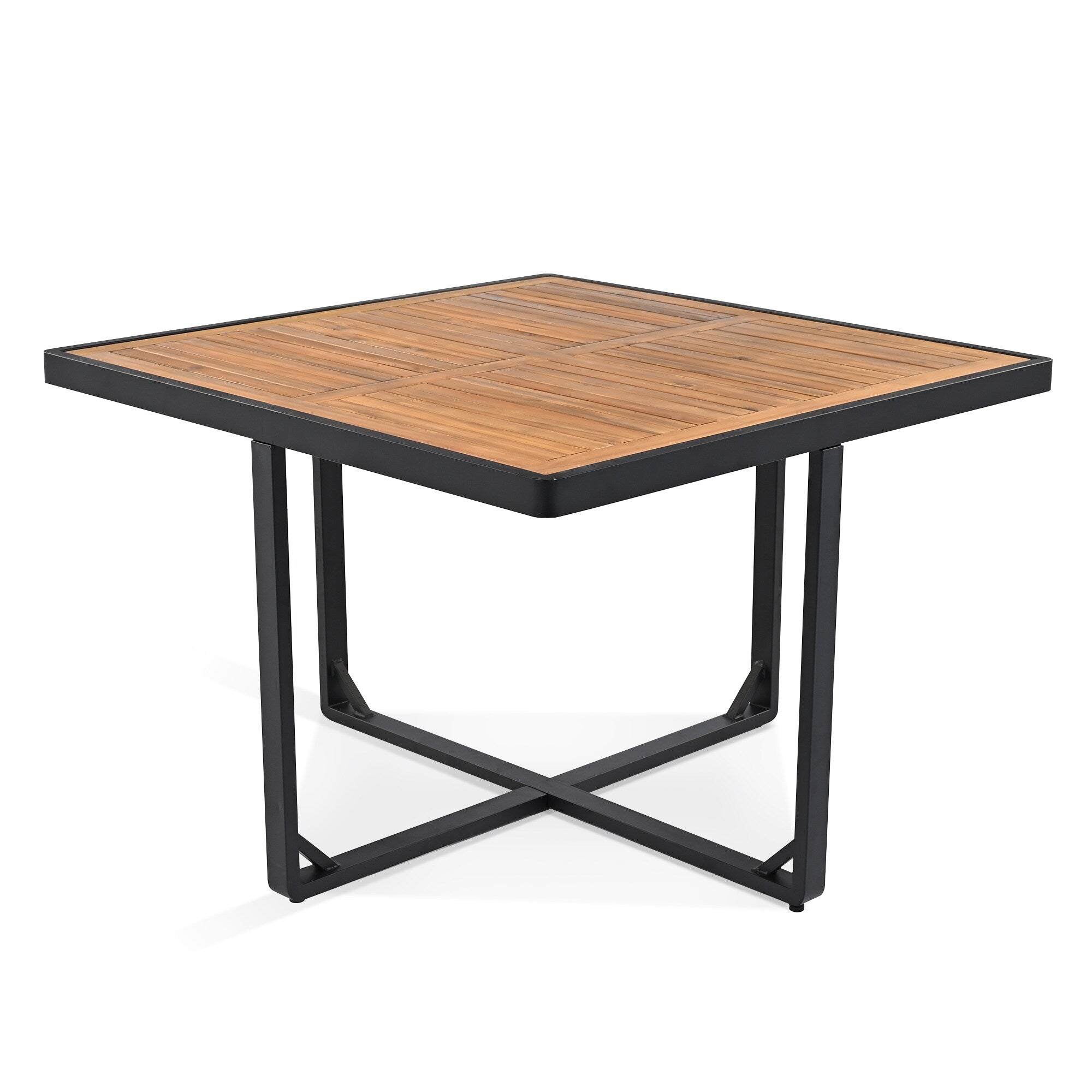 Ensemble de salle à manger de patio en bois d'acacia 18 pièces, 8 chaises rembourrées, 8 poufs et 2 tables carrées