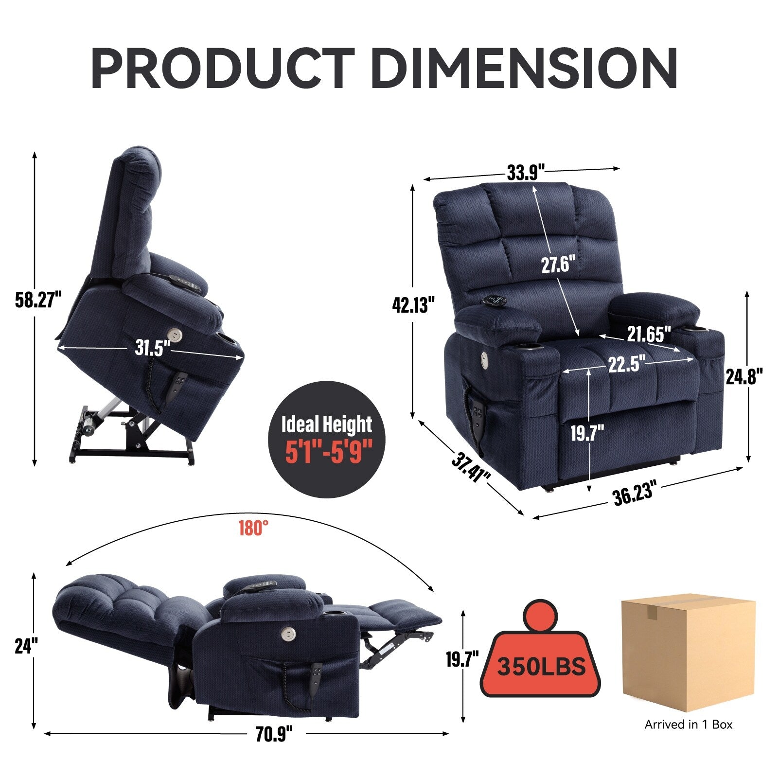 Fauteuil inclinable électrique à 180° avec massage et chauffage, deux porte-gobelets