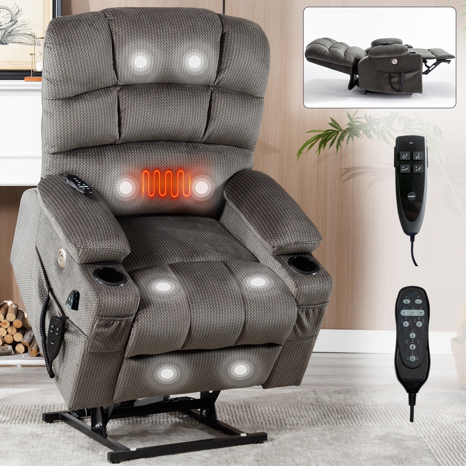 Fauteuil inclinable électrique à 180° avec massage et chauffage, deux porte-gobelets