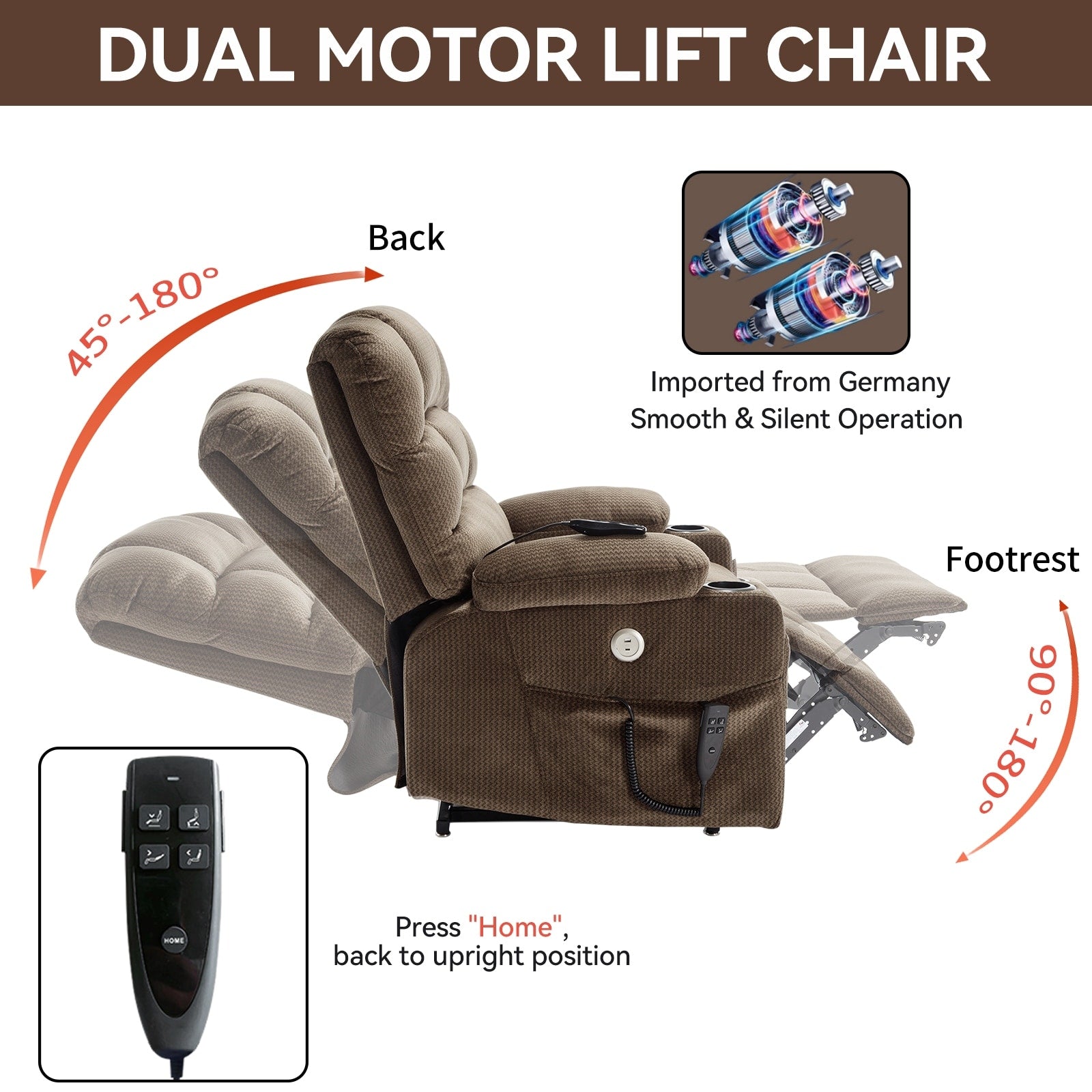 Fauteuil inclinable électrique à 180° avec massage et chauffage, deux porte-gobelets