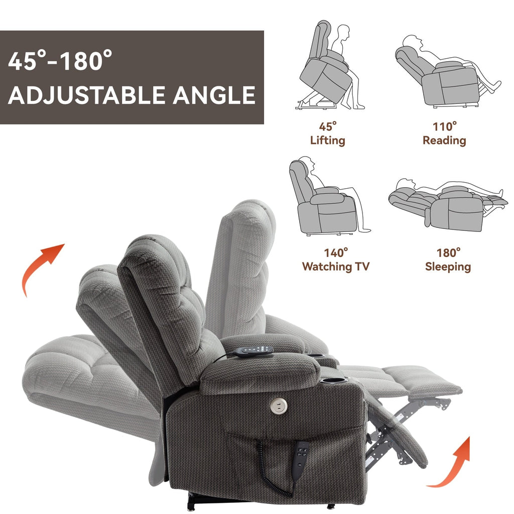 Fauteuil inclinable électrique à 180° avec massage et chauffage, deux porte-gobelets