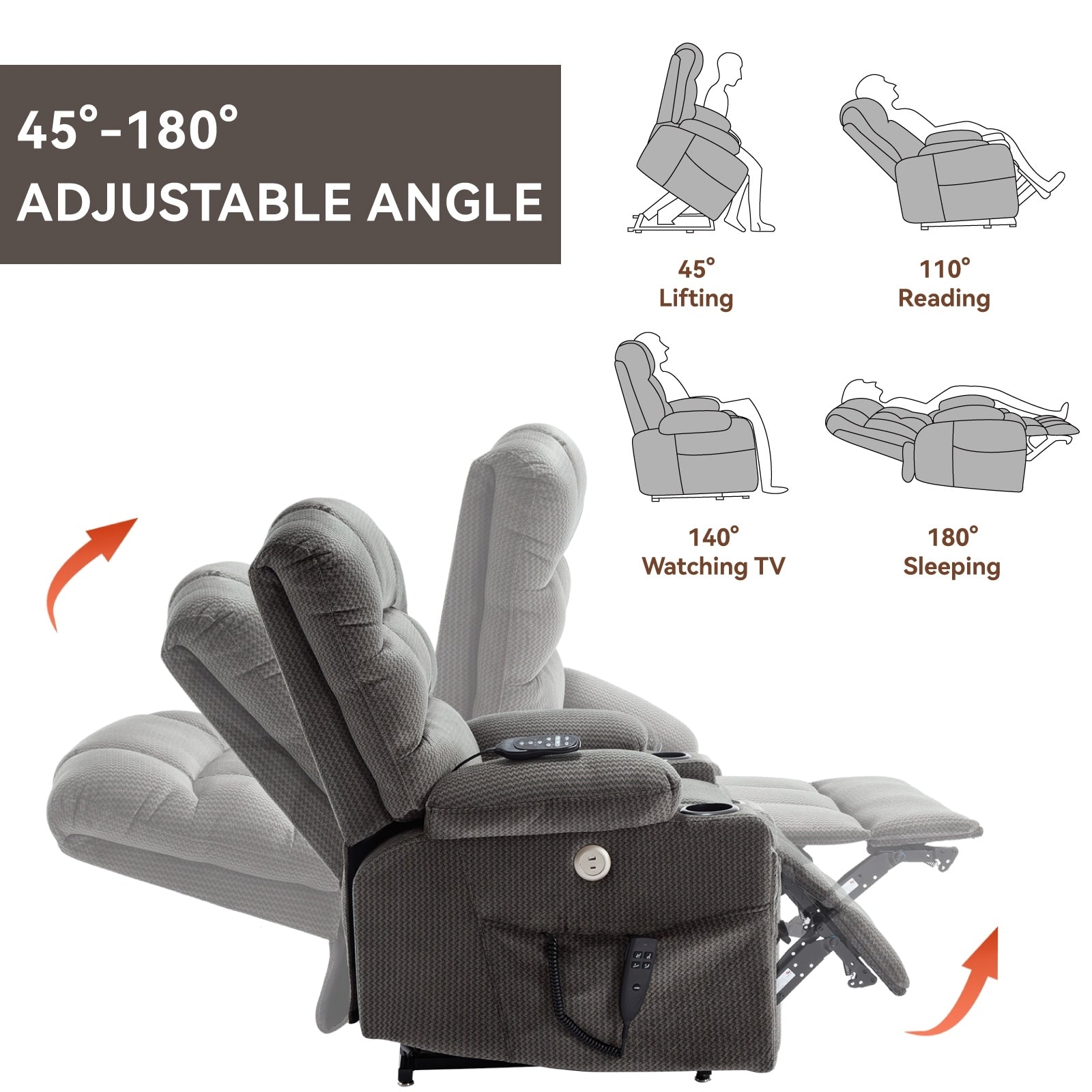 Fauteuil inclinable électrique à 180° avec massage et chauffage, deux porte-gobelets
