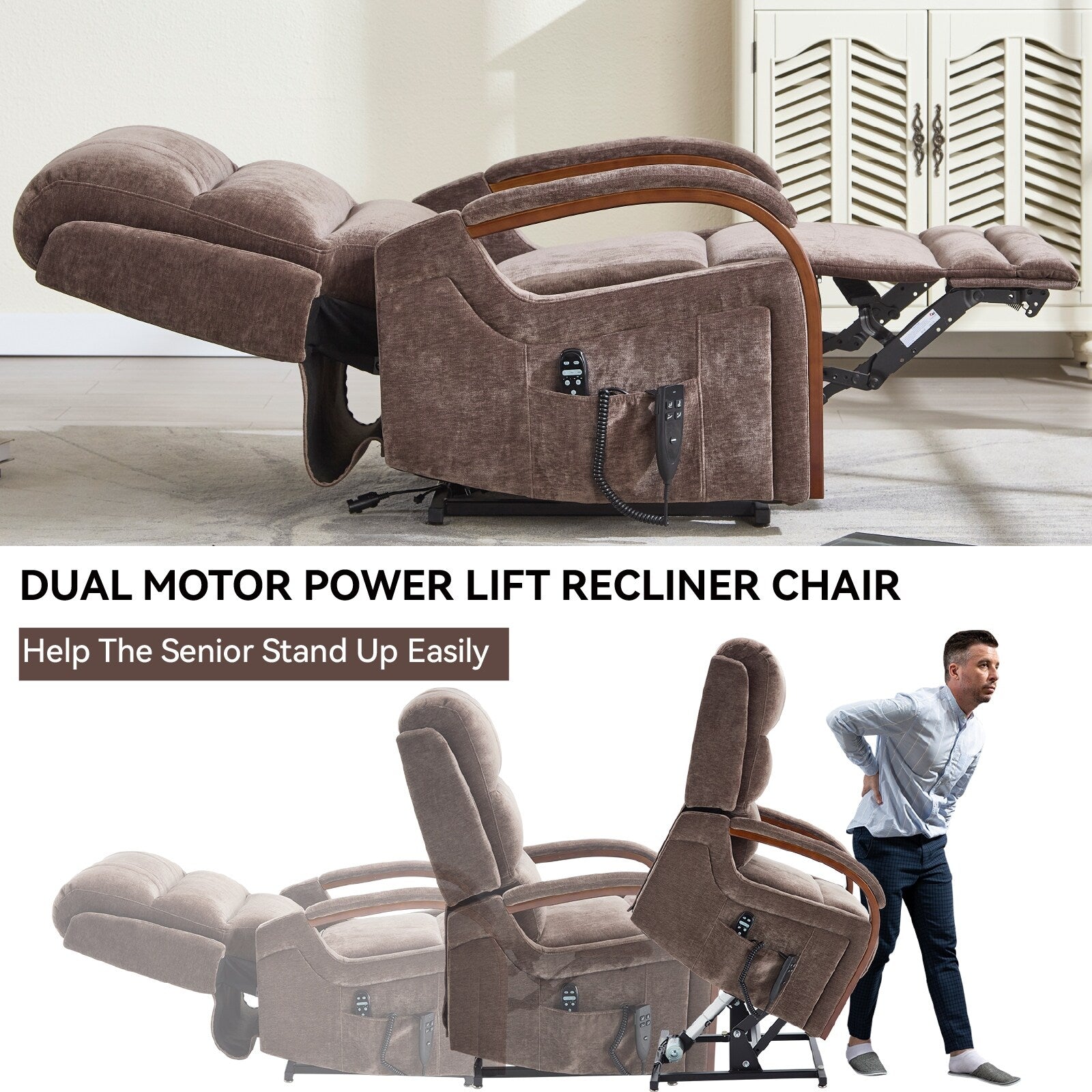 Fauteuil inclinable électrique à 180° avec massage et chauffage, accoudoirs en bois massif