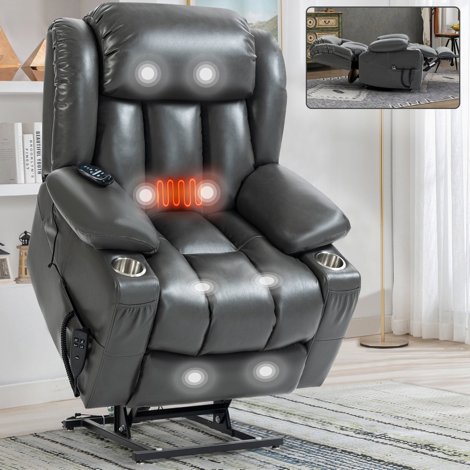 Fauteuil inclinable électrique à 180°, double moteur, porte-gobelets en acier inoxydable