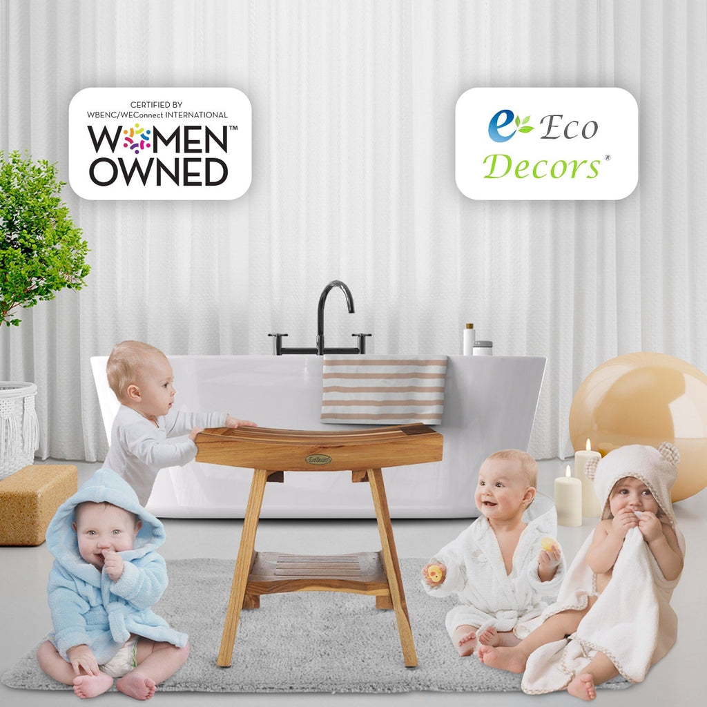 EcoDecors, Serenity, Banc de douche en teck, Tabouret de douche en teck, Banc de douche d'angle en teck, 45 cm, avec étagère