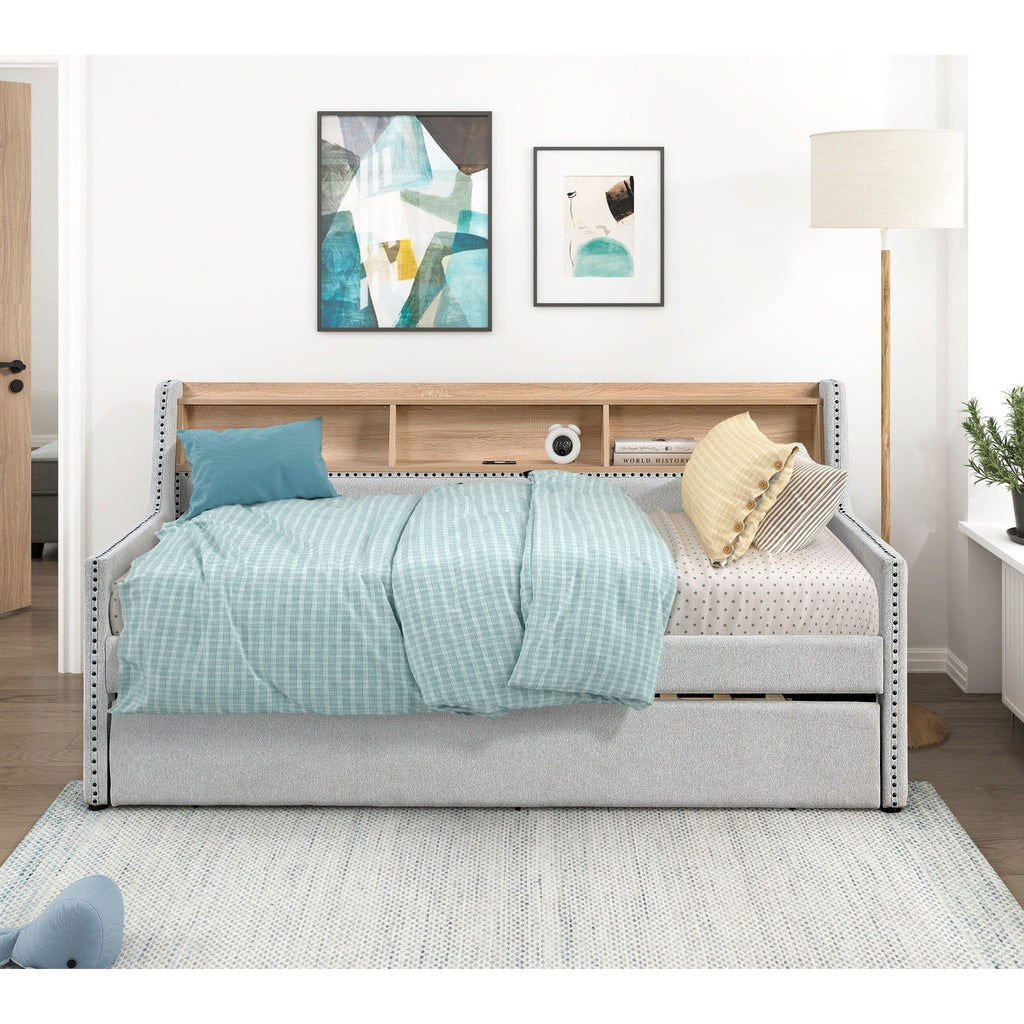 1 lit de repos gris clair avec lit gigogne coulissant, bibliothèque, panneau latéral, ports de charge, garniture cloutée, meubles de design moderne