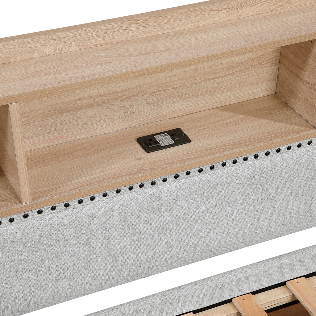 1 lit de repos gris clair avec lit gigogne coulissant, bibliothèque, panneau latéral, ports de charge, garniture cloutée, meubles de design moderne