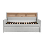 1 lit de repos gris clair avec lit gigogne coulissant, bibliothèque, panneau latéral, ports de charge, garniture cloutée, meubles de design moderne