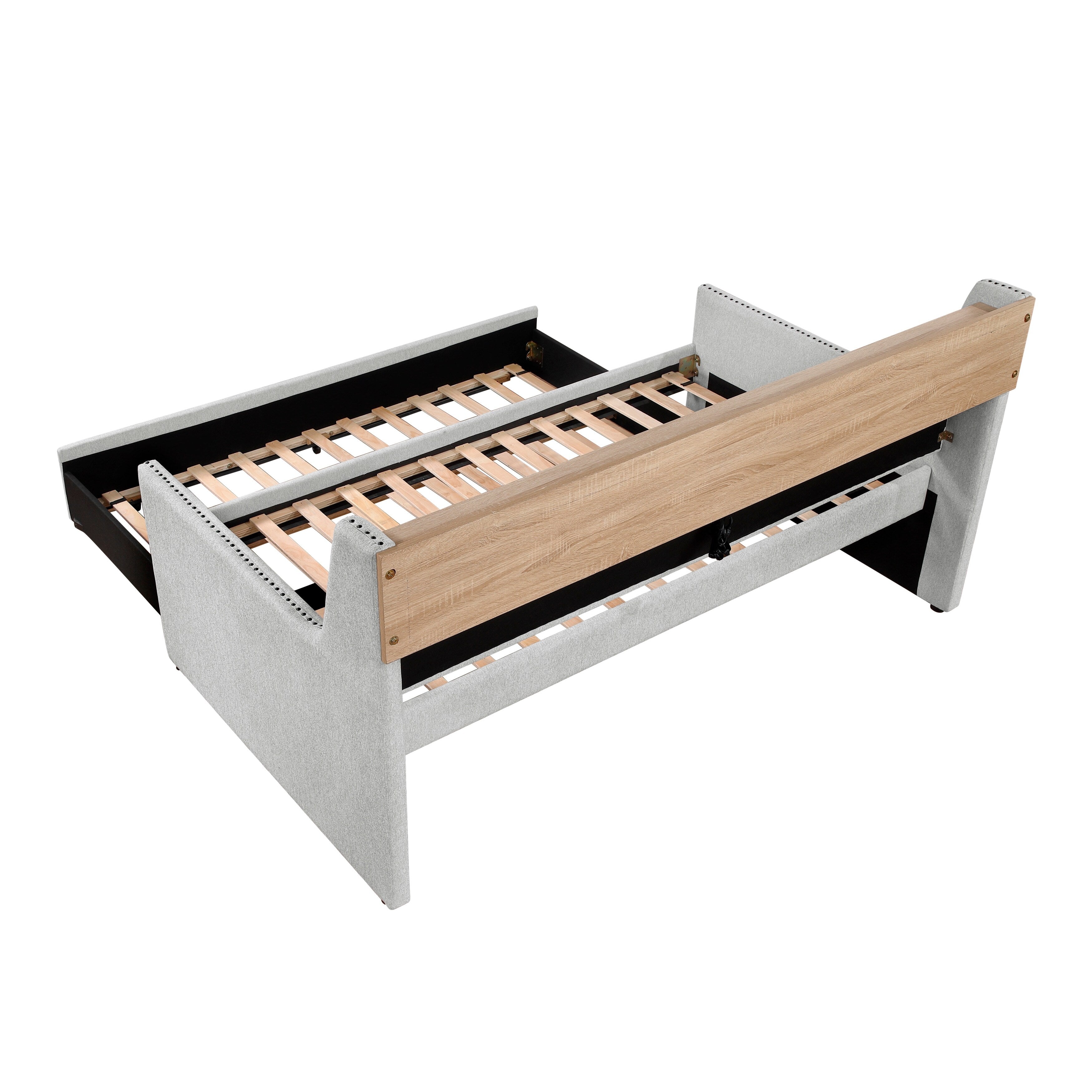 1 lit de repos gris clair avec lit gigogne coulissant, bibliothèque, panneau latéral, ports de charge, garniture cloutée, meubles de design moderne