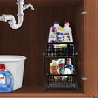 Paniers de rangement à 2 niveaux avec glissières en maille en acier (noir)