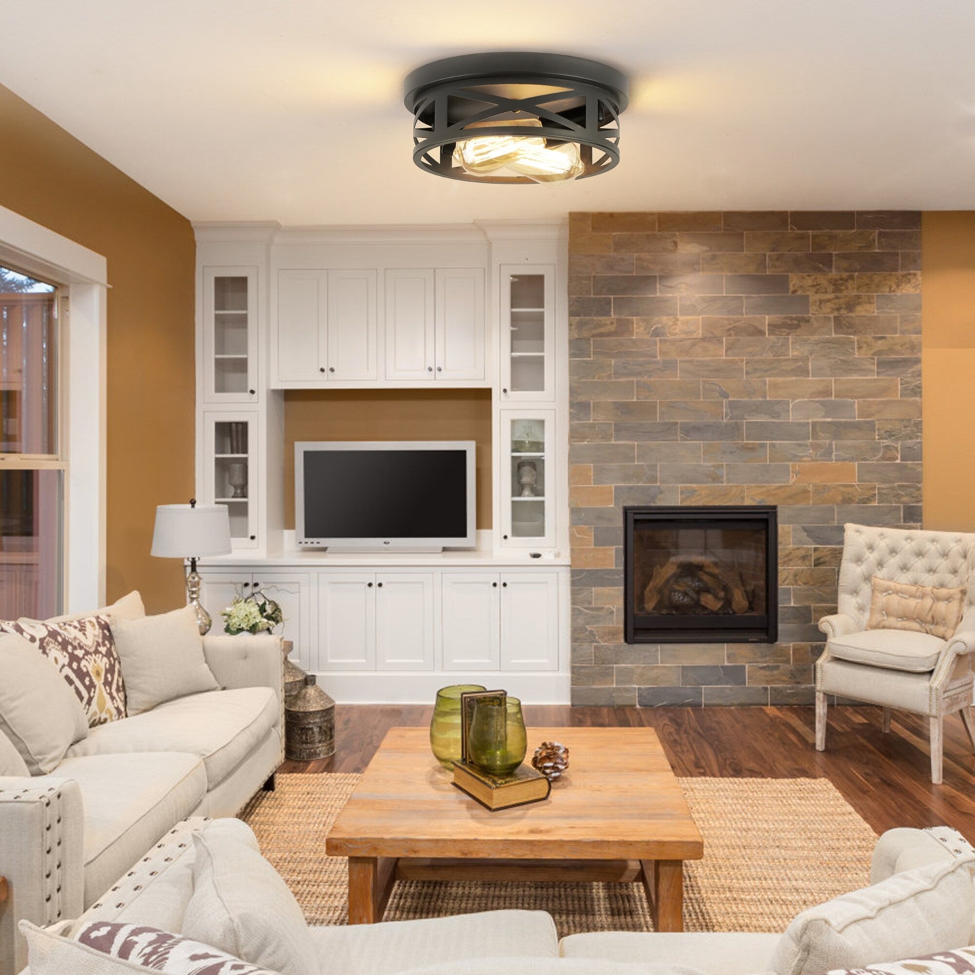 Plafonnier encastré noir à 2 lampes de style ferme - Lot de 2