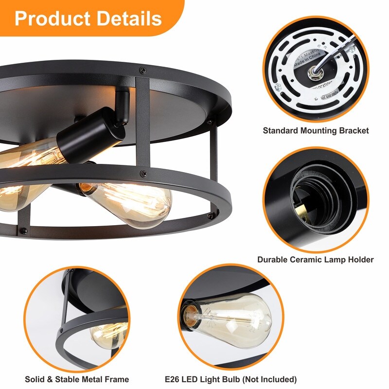 Plafonnier encastré noir à 2 lampes de style ferme - Lot de 2